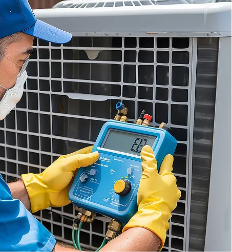 Technician wearing yellow gloves and a mask using a digital gauge to check an air conditioning unit.