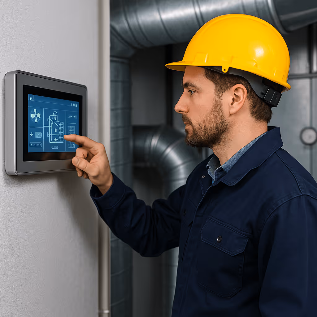 Man wearing a yellow hard hat and navy jacket adjusting settings on a wall-mounted HVAC control panel.