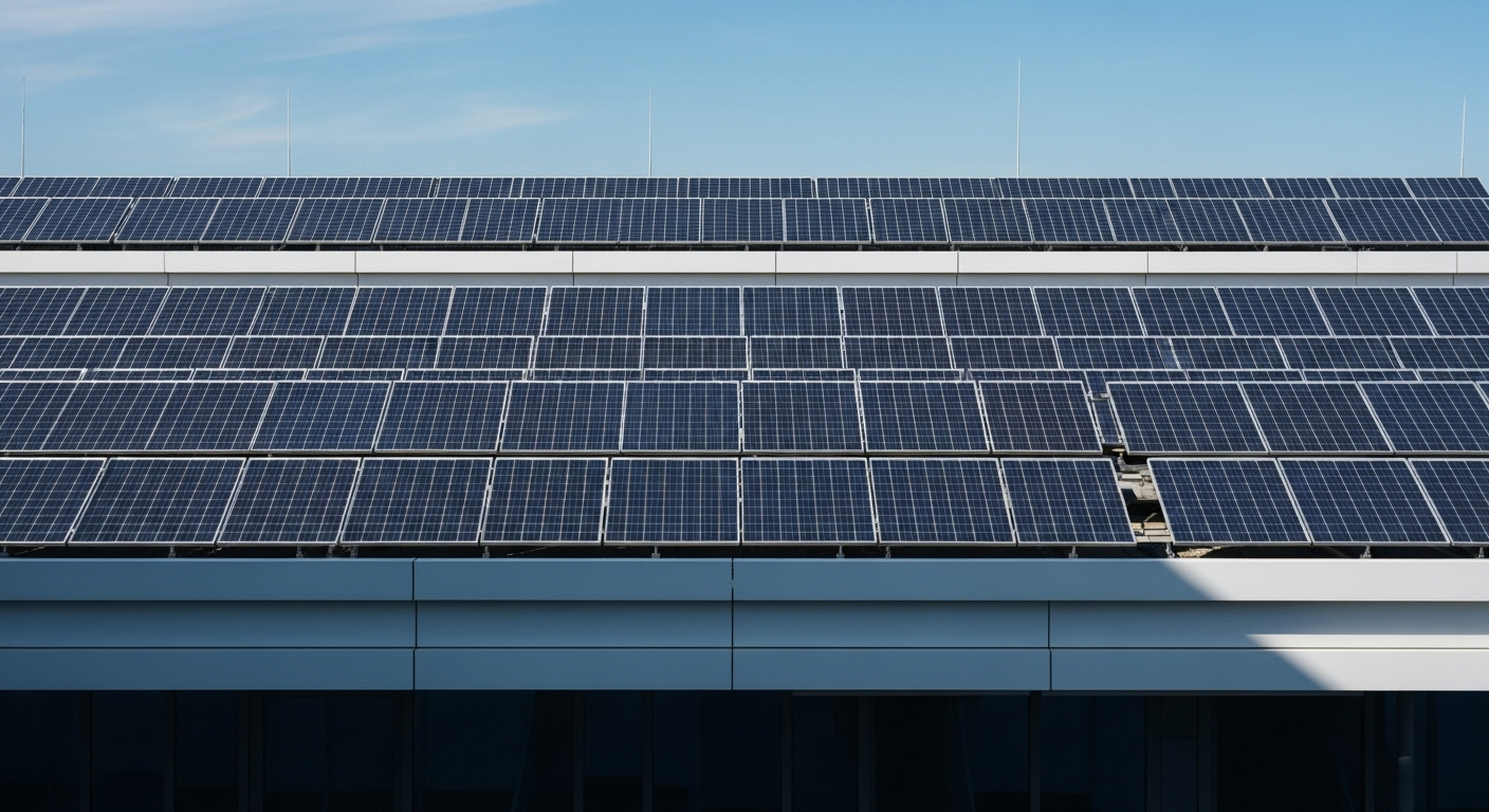 Dach eines Gebäudes mit mehreren Reihen von Solarzellen unter klarem blauen Himmel.
