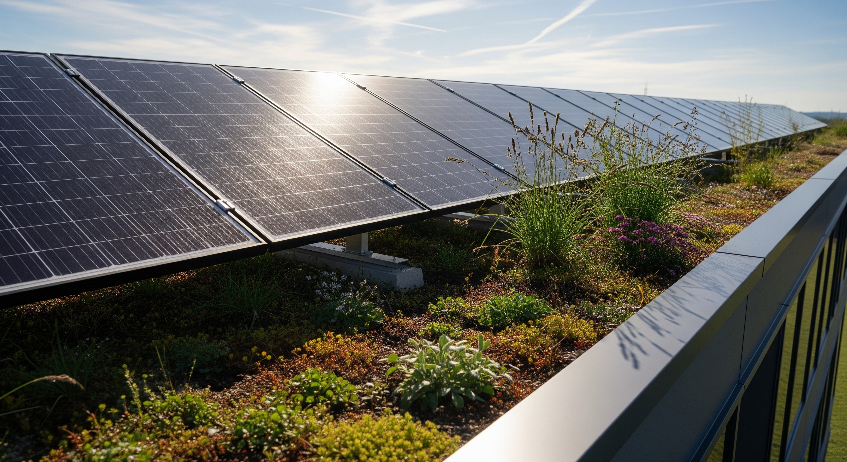 Solarzellen auf einem begrünten Flachdach mit verschiedenen Pflanzen bei sonnigem Himmel.