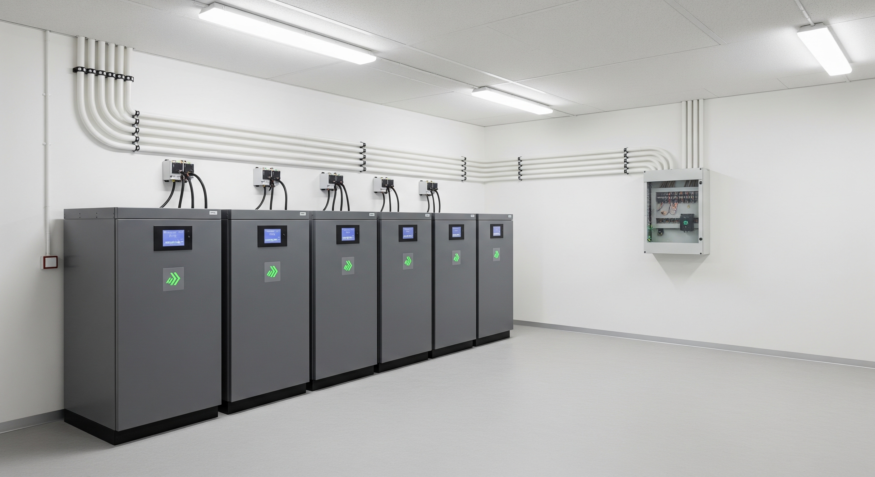 Sechs graue Energiespeichermodule mit grünen Displays in einem sauber beleuchteten Technikraum.
