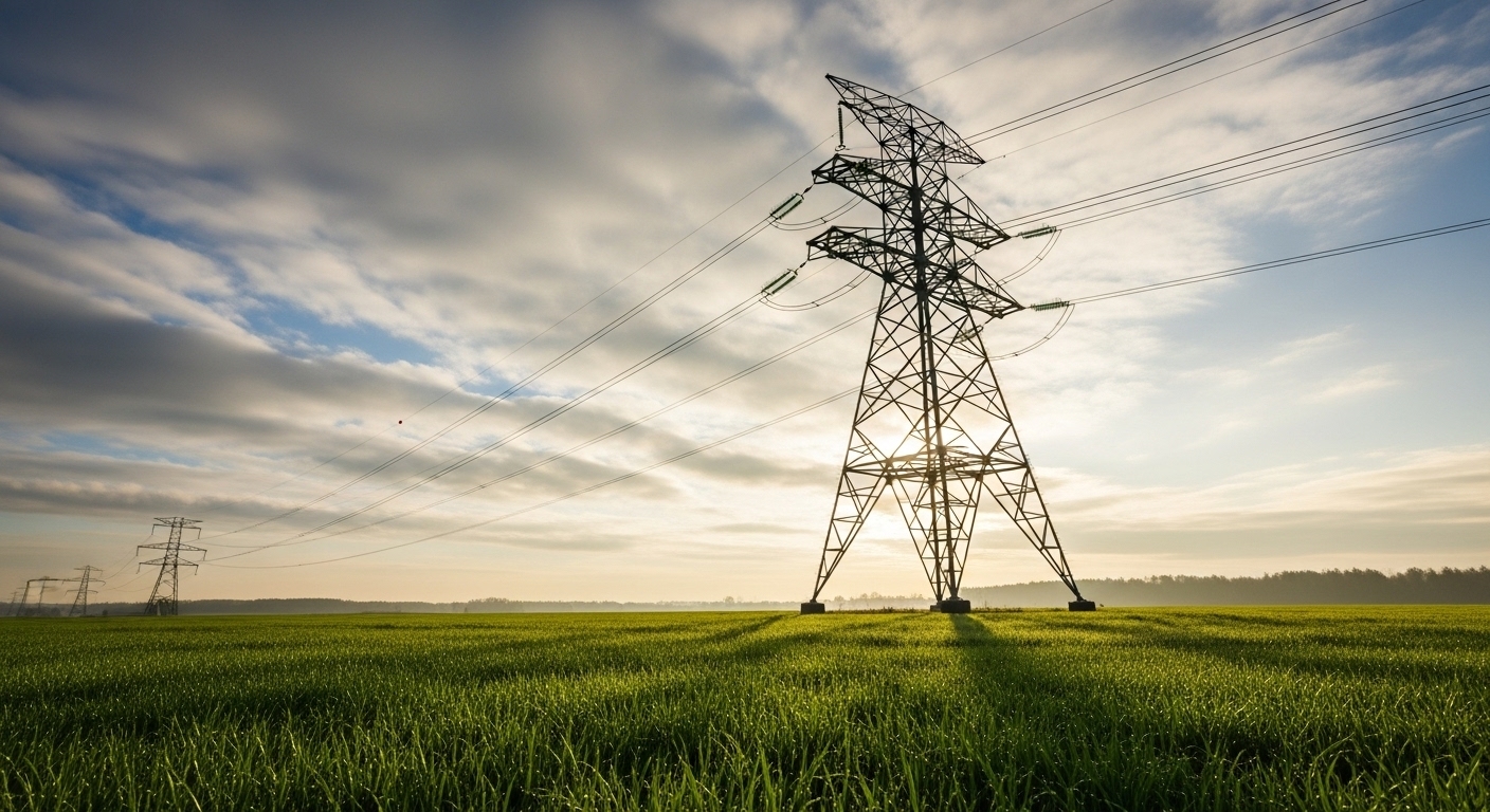Hochspannungsmast steht auf einem grünen Feld unter bewölktem Himmel bei Sonnenuntergang.