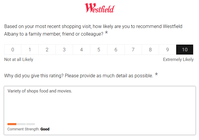 Screenshot of a Westfield’s customer survey comment with less than 10 words, rated Good.