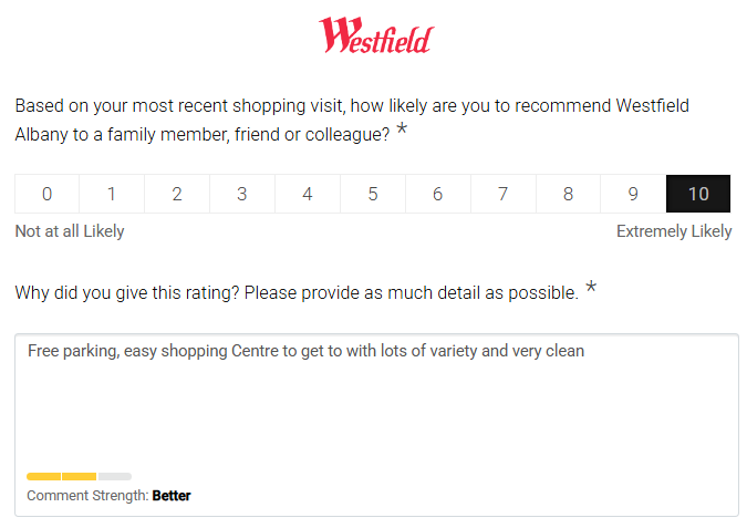Screenshot of a Westfield’s customer survey comment with 11-25 words, rated Better.