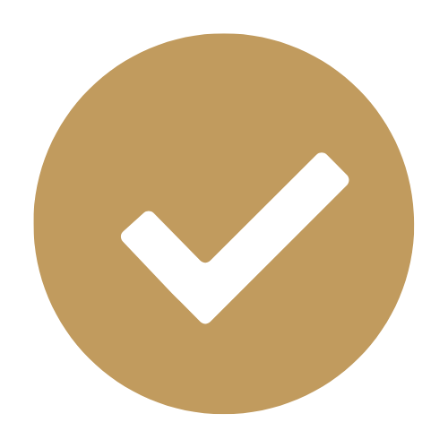 Black checkmark inside a gold circular background.