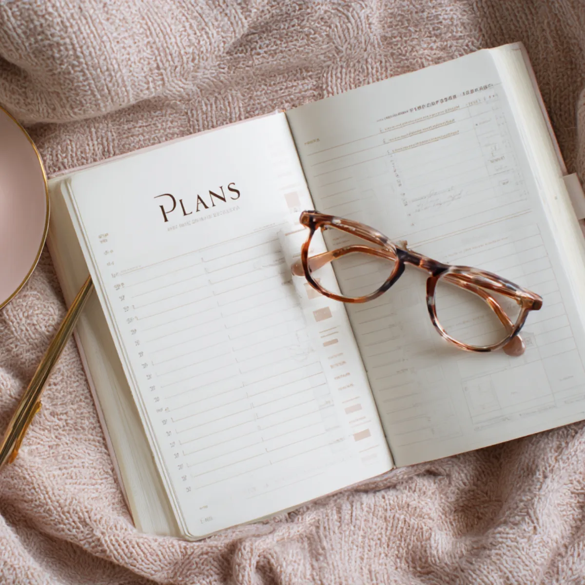 Open planner on a textured pink blanket with tortoiseshell eyeglasses resting on it and a pink plate with a gold fork nearby.