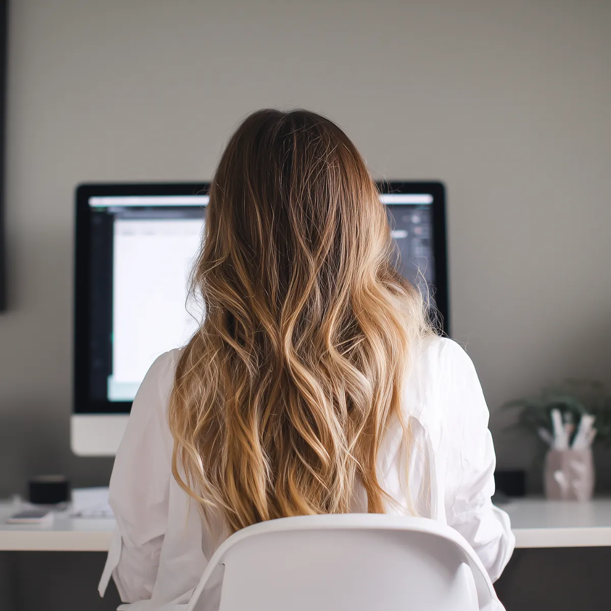 Woman with long wavy blonde hair sitting at a desk working on an iMac computer.