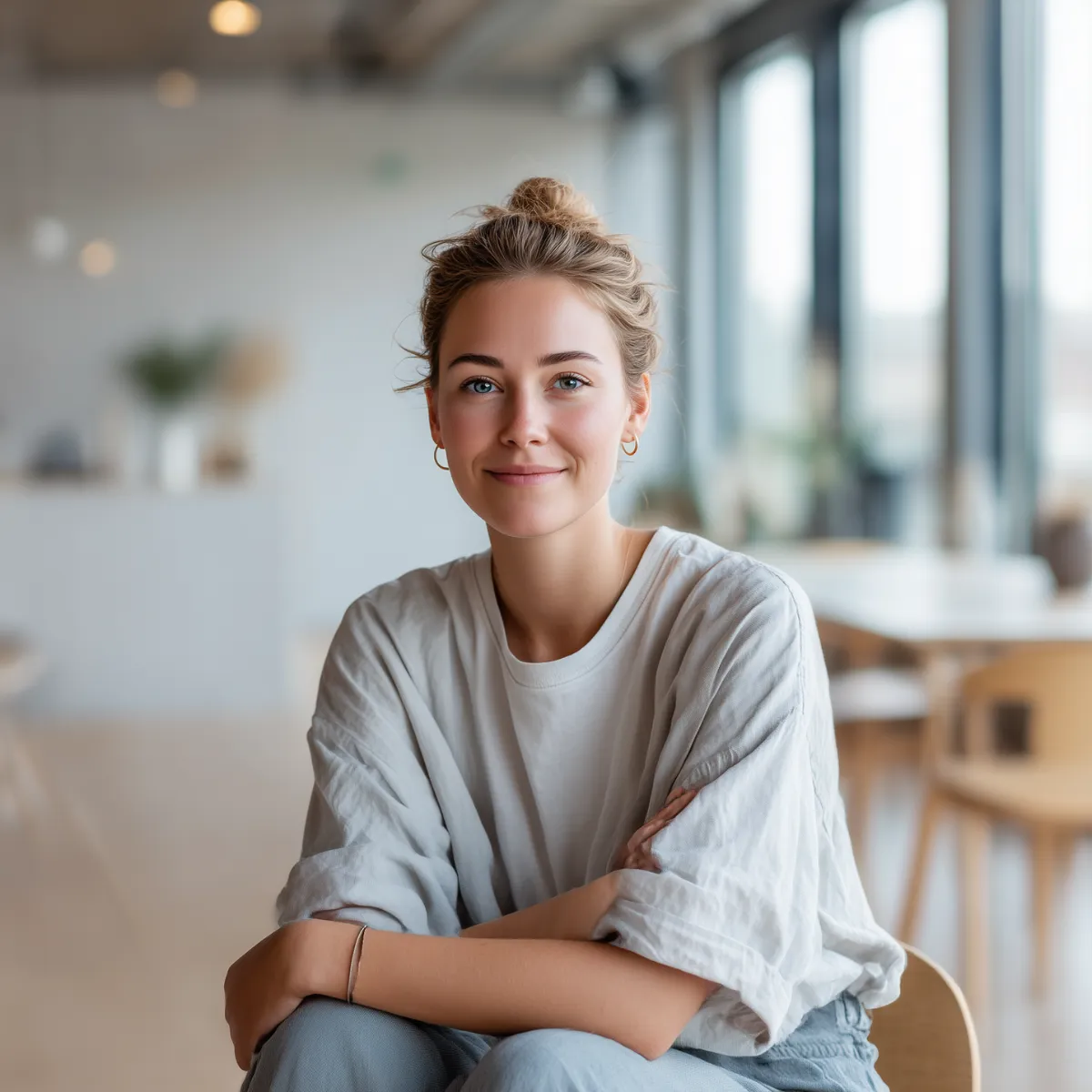 Smiling woman with blonde hair in a bun wearing a light gray shirt, seated in a bright modern room.
