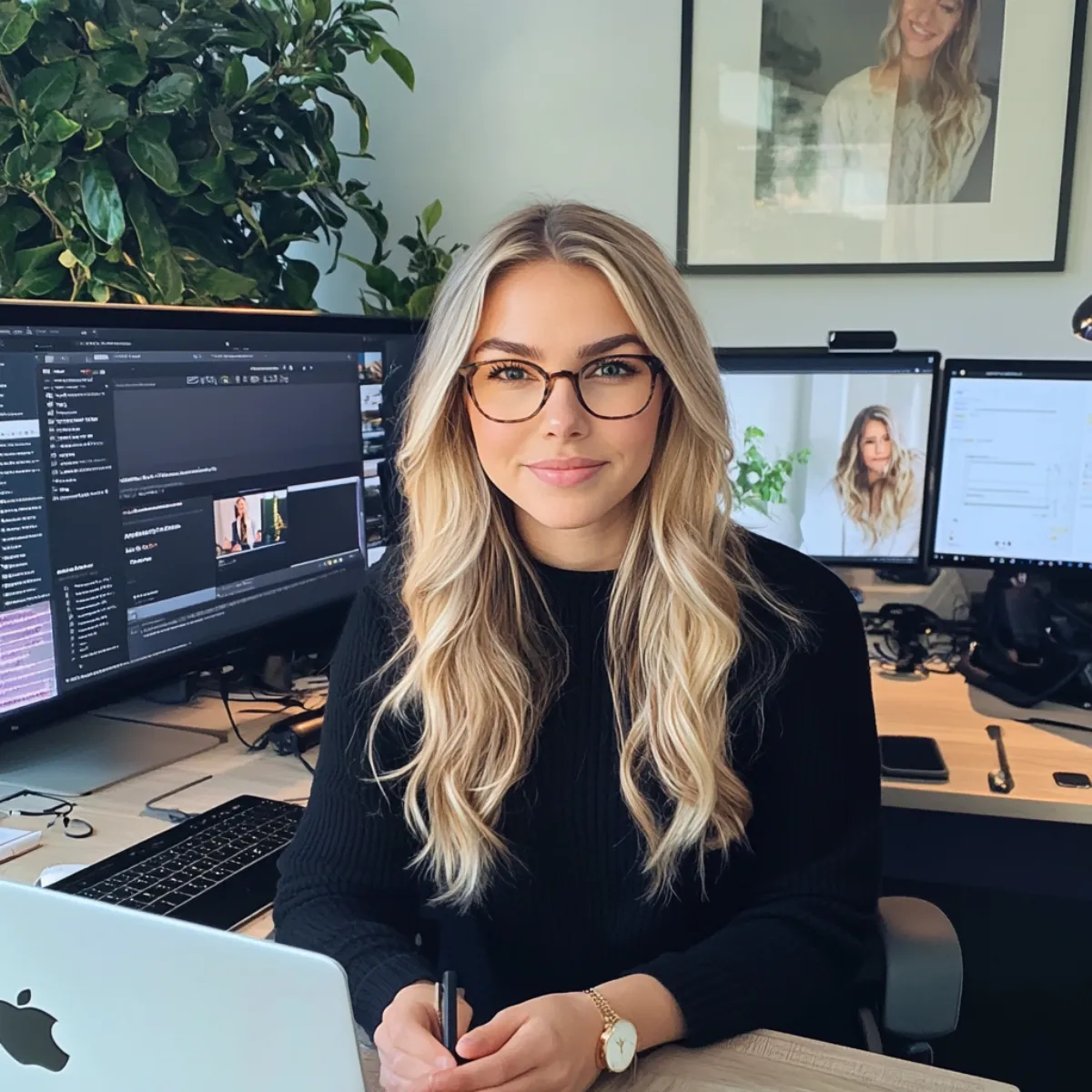 Woman with long blonde hair and glasses sitting at a desk with a laptop and multiple computer monitors in the background.