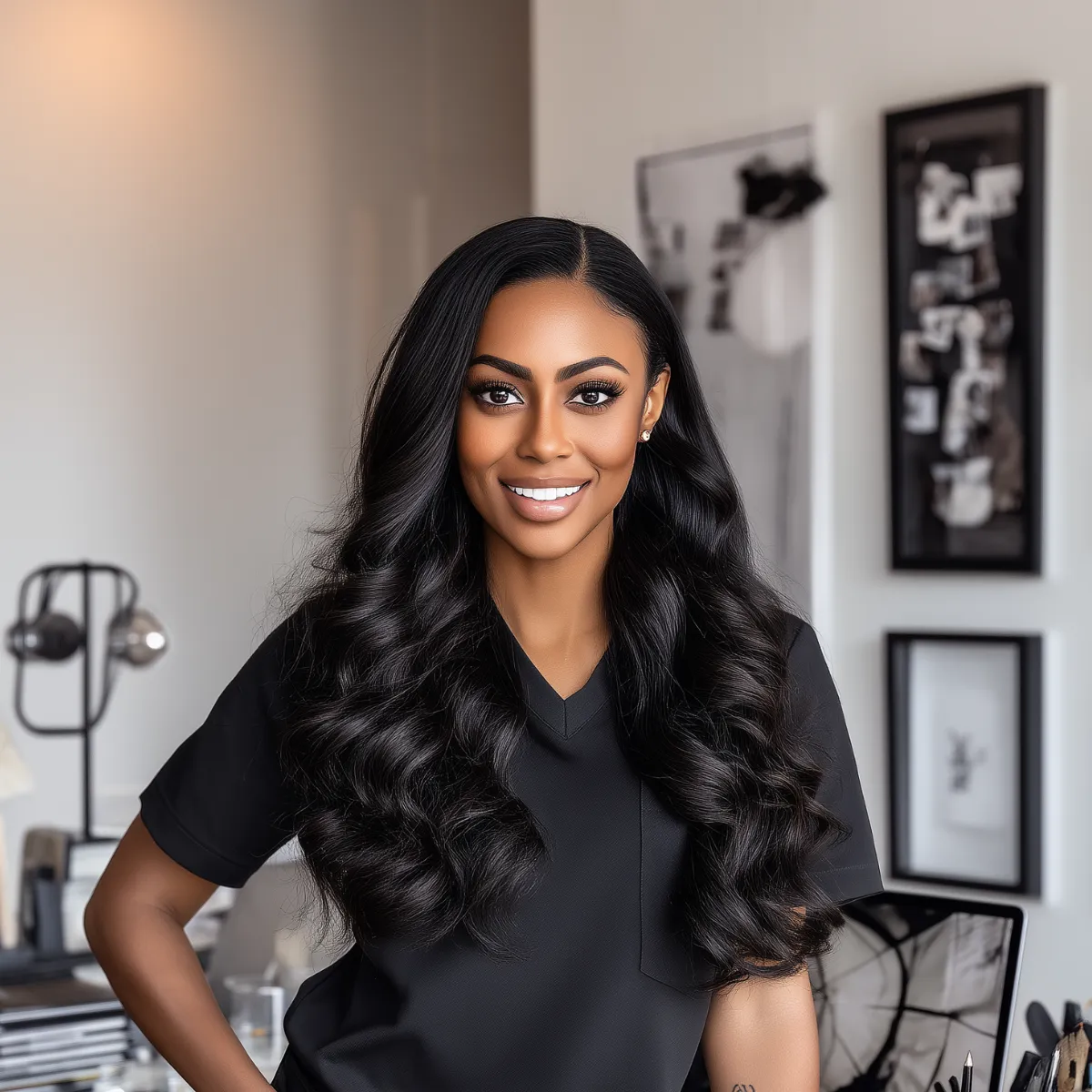 Smiling woman with long, wavy black hair wearing a black V-neck shirt in a modern office setting.