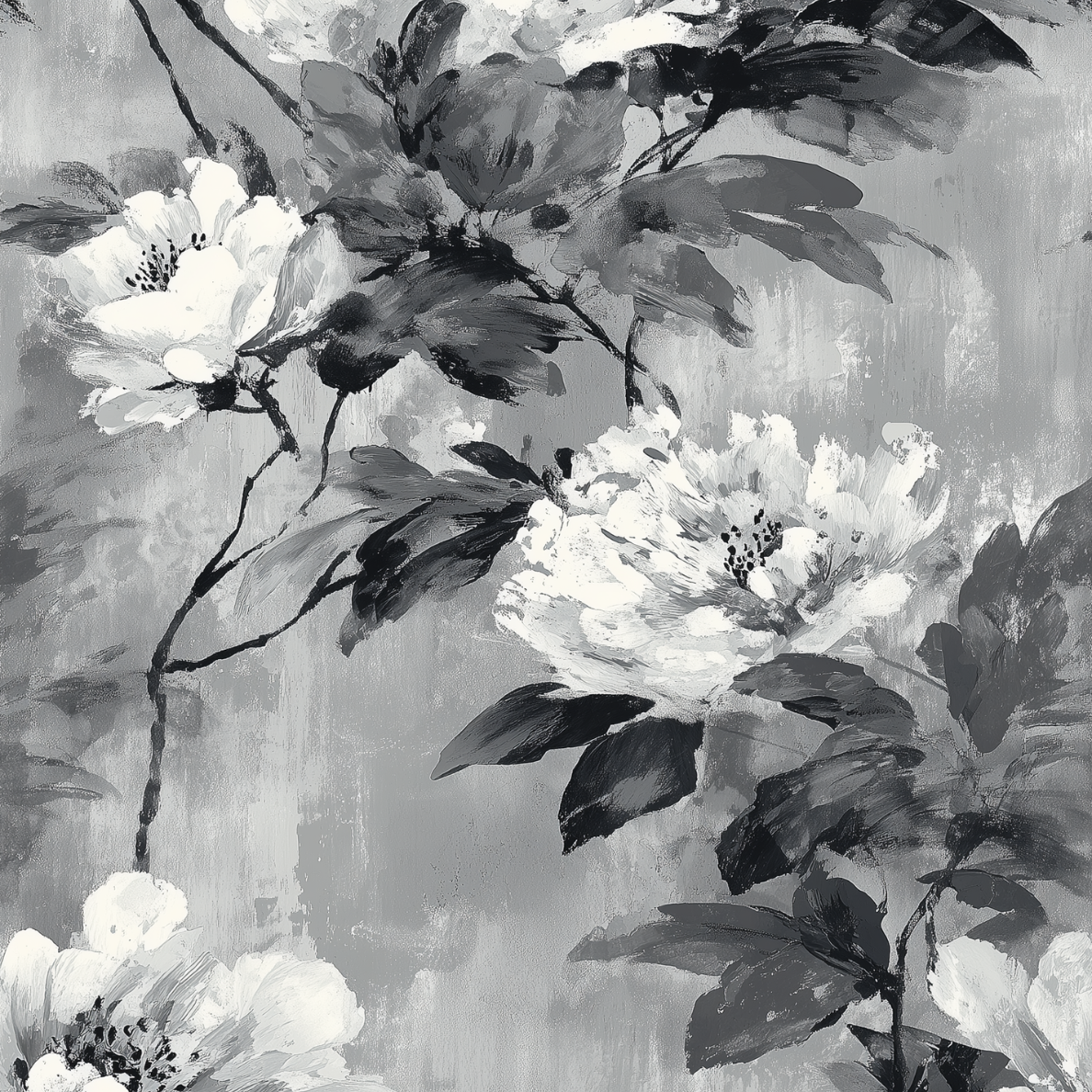 Black and white painting of large blooming flowers with leaves on textured background.