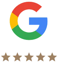 Google-Logo mit fünf goldenen Bewertungssternen darunter.