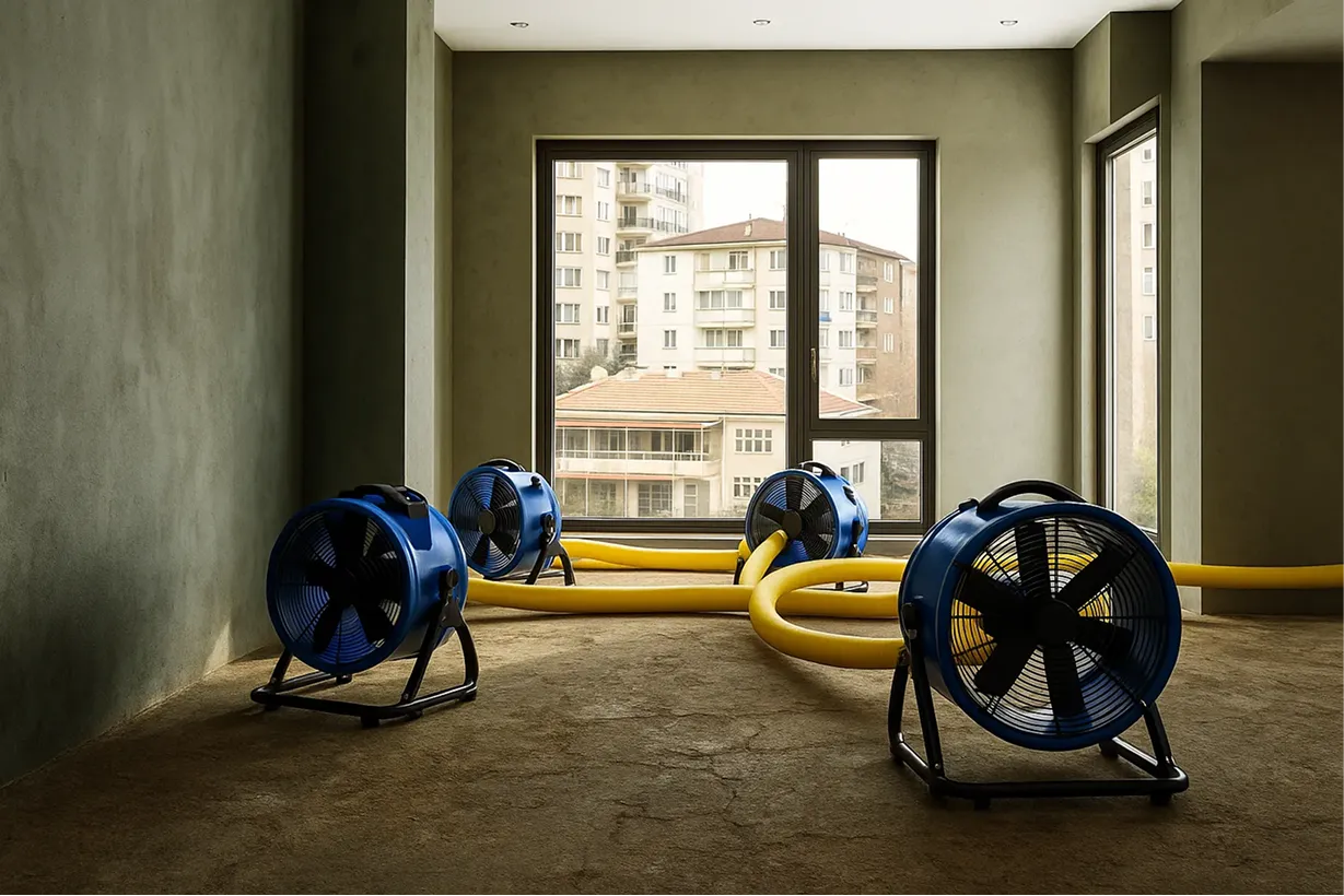 Vier blaue Bautrockner mit gelben Schläuchen in einem leeren Raum mit großen Fenstern und Blick auf Wohngebäude.