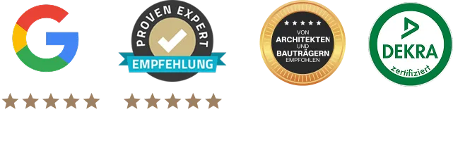 Bewertungs- und Qualitätssiegel von Google mit fünf Sternen, Proven Expert Empfehlung mit fünf Sternen, Auszeichnung von Architekten und Bauträgern, DEKRA Zertifizierung.