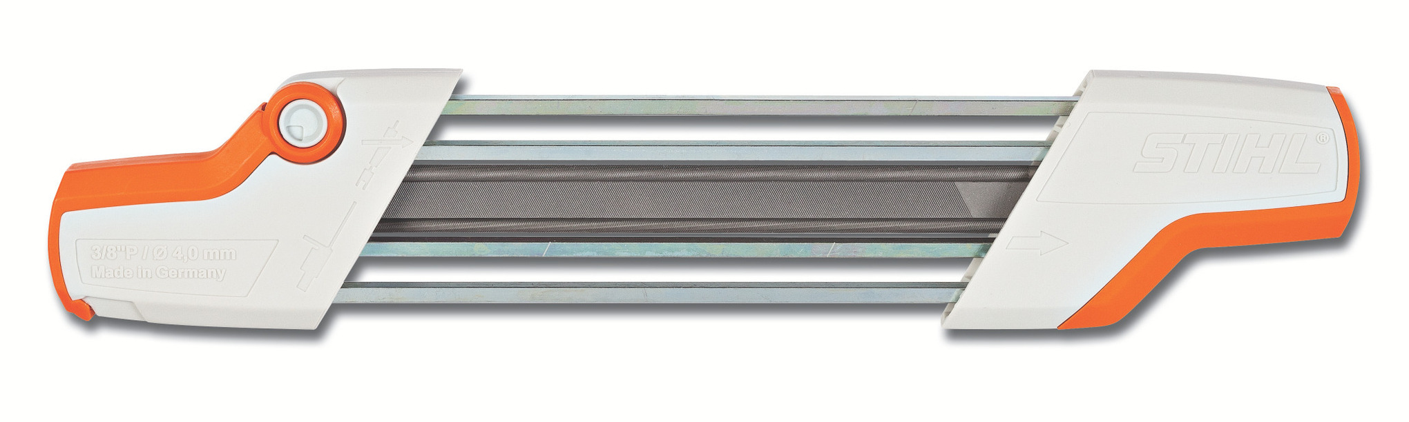 A unique, easy-to-use filing system that sharpens your cutter and lowers your depth gauge with a few simple strokes.