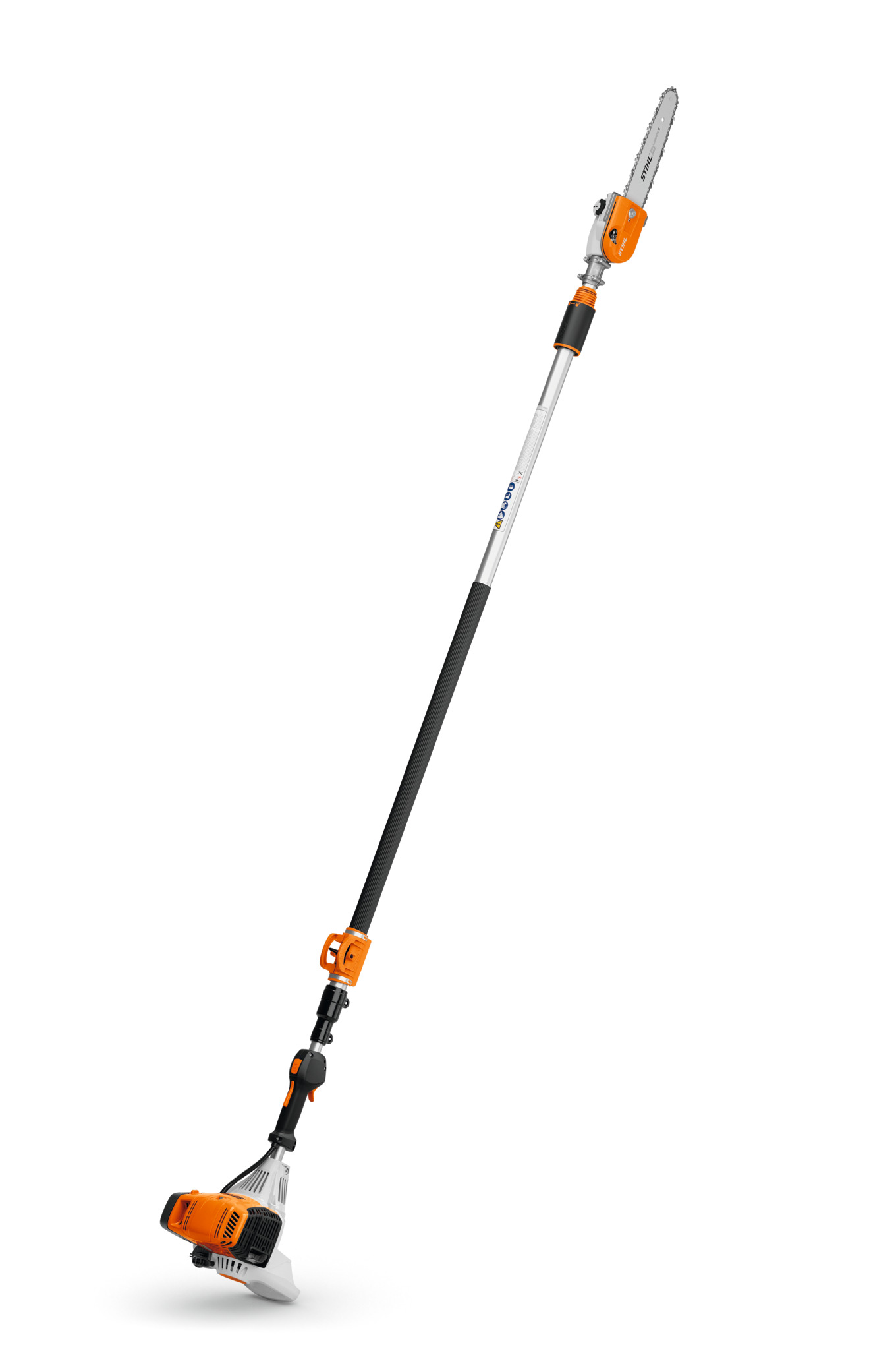 This professional telescoping pole pruner includes an outboard-mounted guide bar and saw chain.