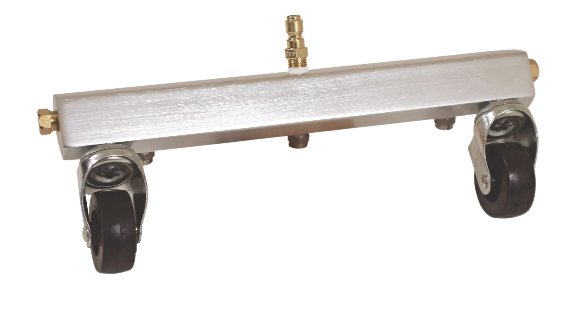 The easy-to-use wheeled water broom quickly washes flat surfaces such as sidewalks and driveways.