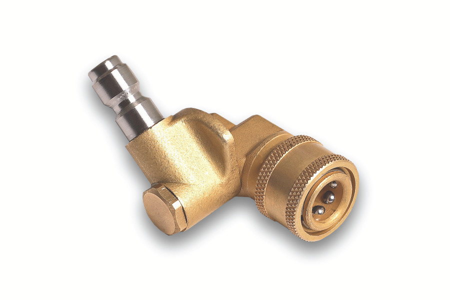 The pivot coupler is a pressure washer accessory adjusting to three different angles to clean hard-to-reach areas.