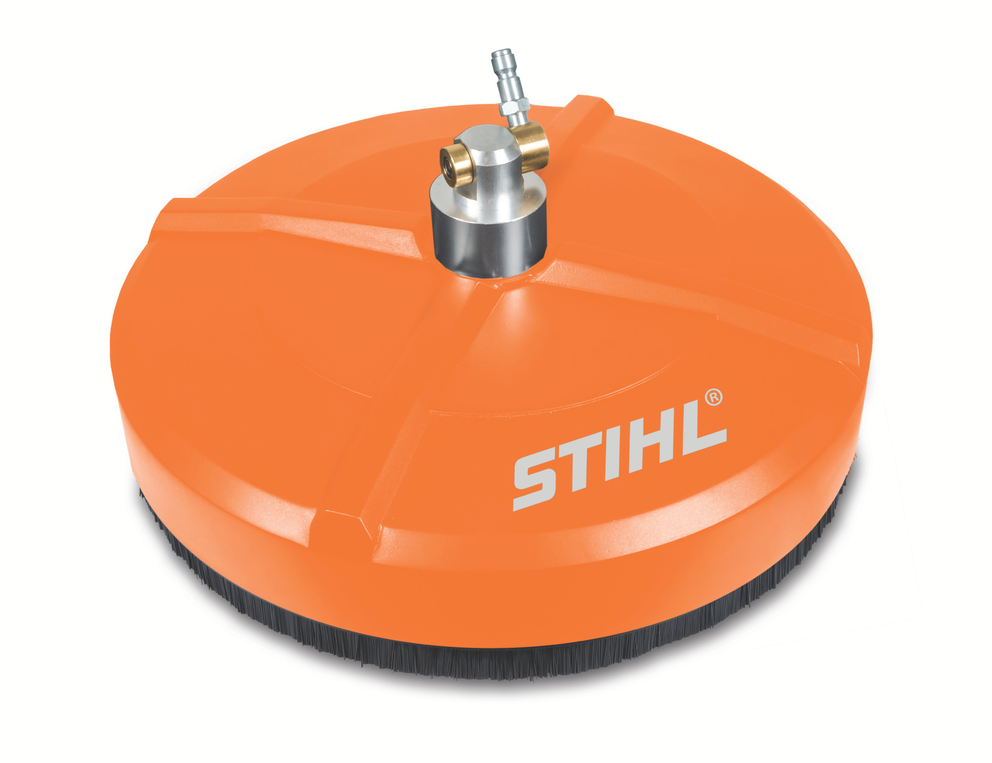The rotary surface cleaner quickly and easily loosens ground-in dirt and mold from sidewalks and driveways.