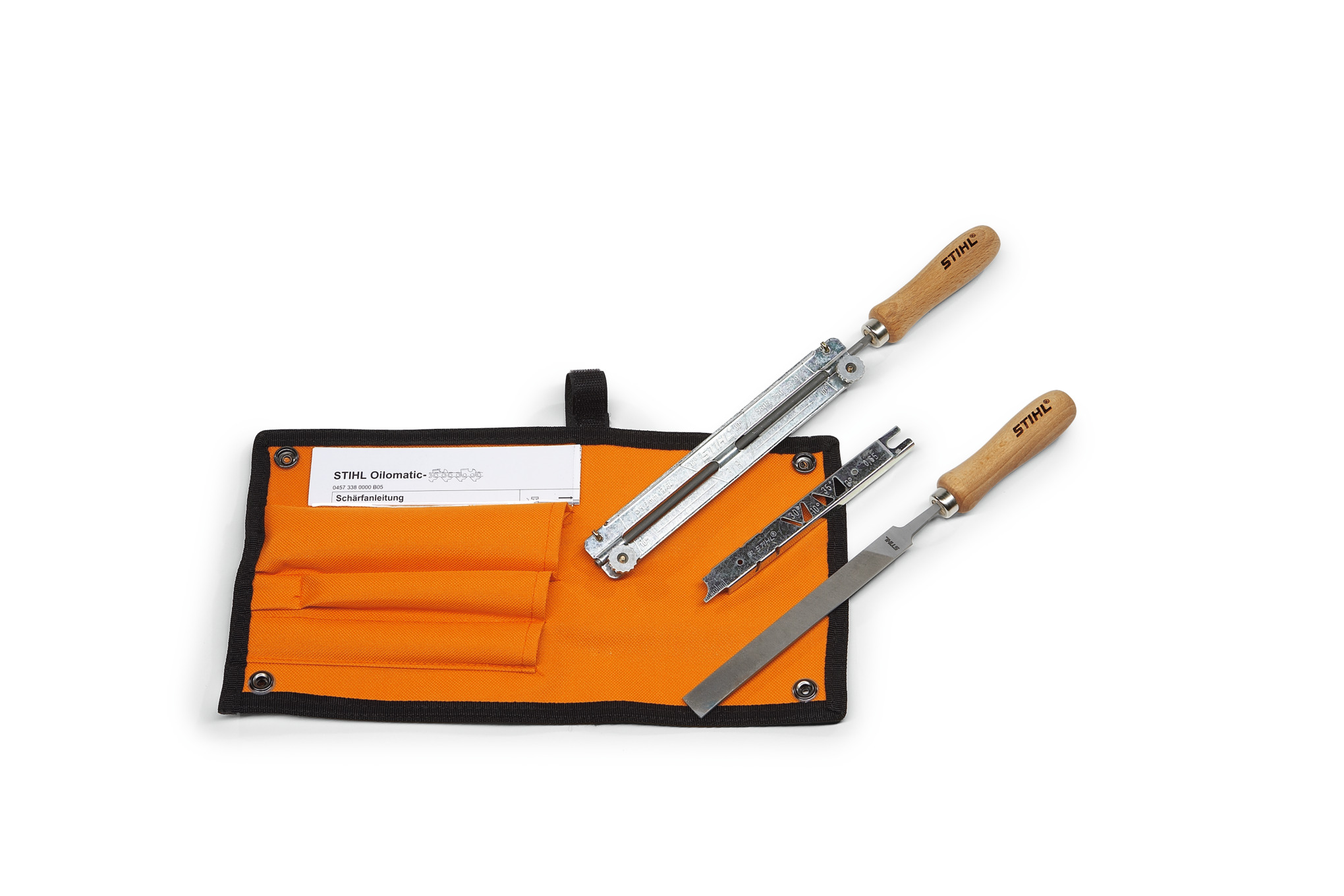 Includes file guide, depth gauge, round file, flat file and two file handles in tool pouch.