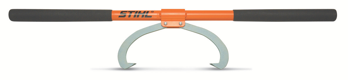 A two-person log carrier that features non-slip grips and hinged hook design.