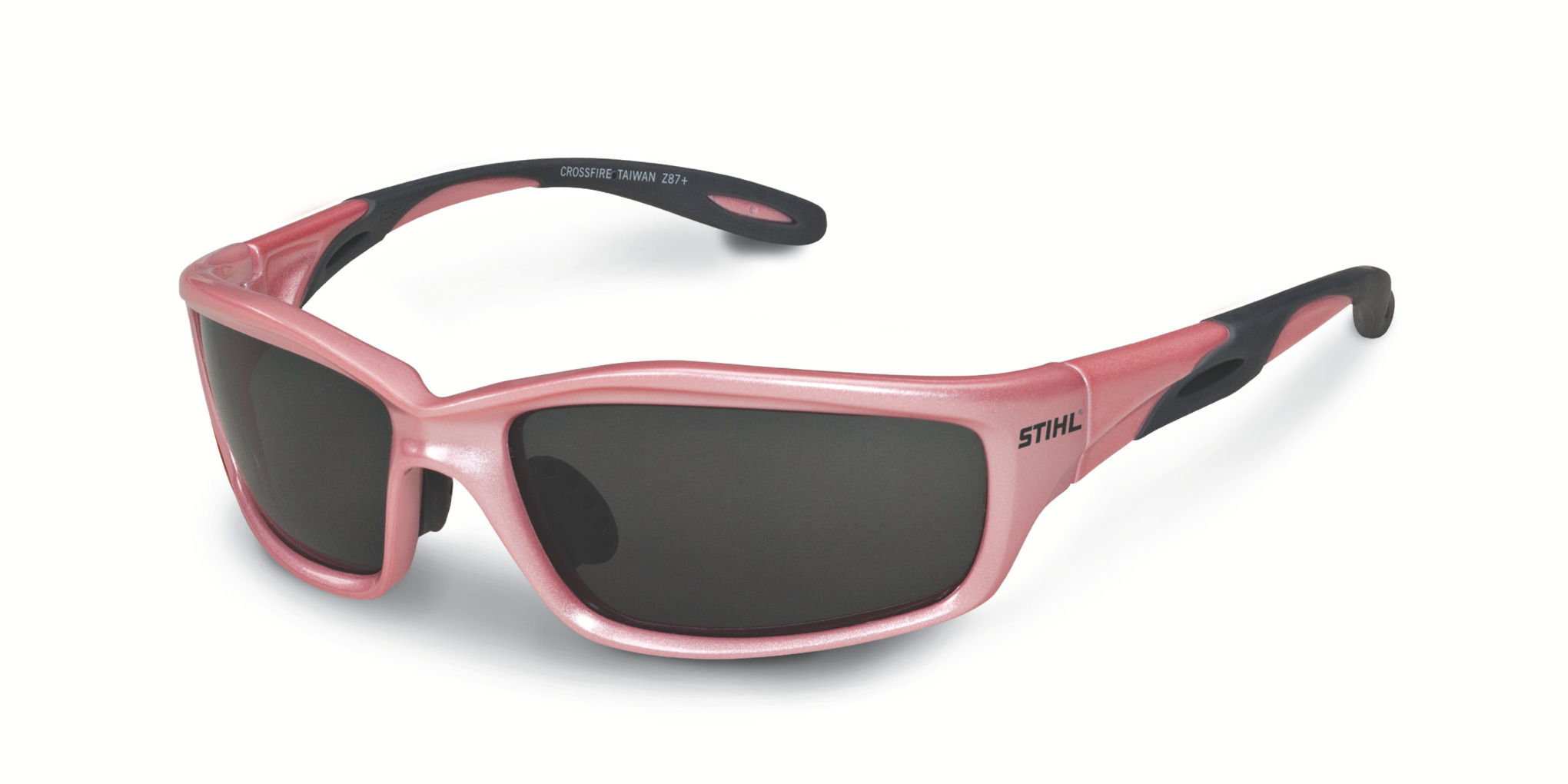 A stylish pair of pink protective glasses that meets ANSI standard Z87.1+.