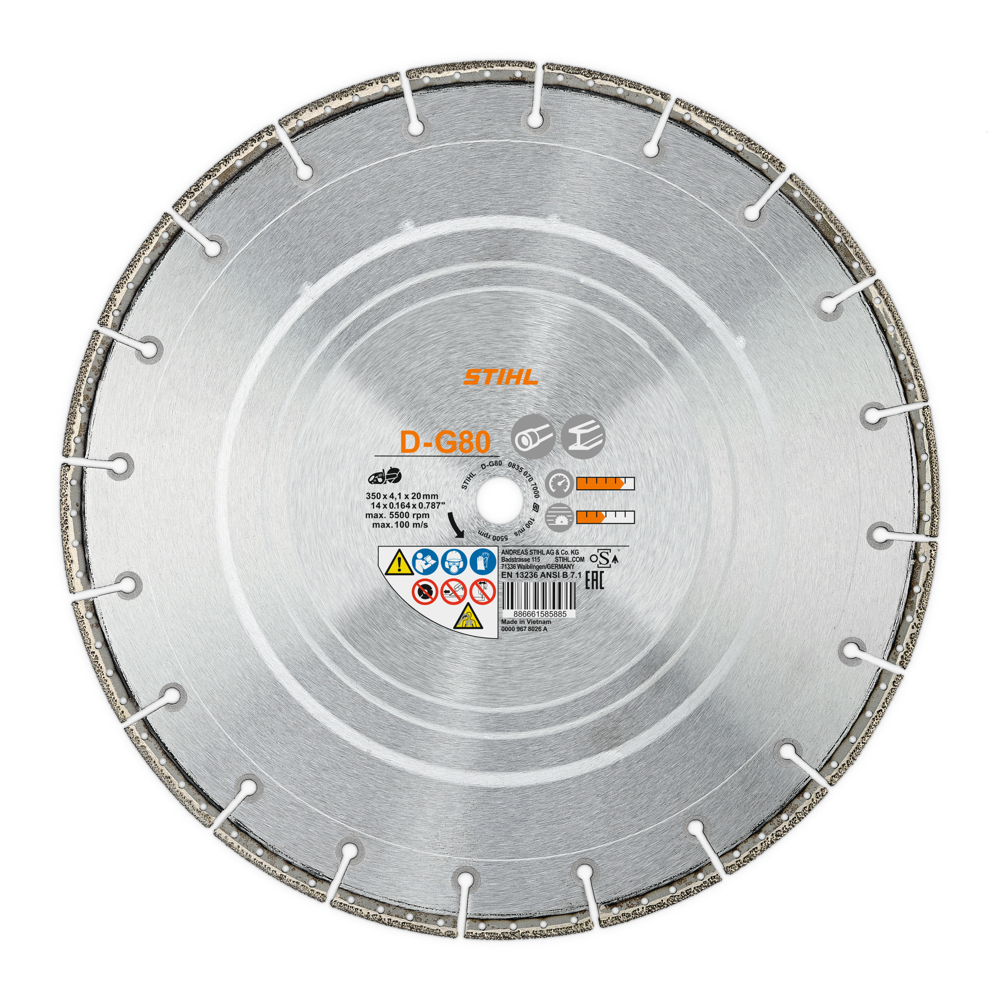 D-G80 diamond cutting wheel, 12" diameter: for ductile cast iron, structural steel and plastic pipes