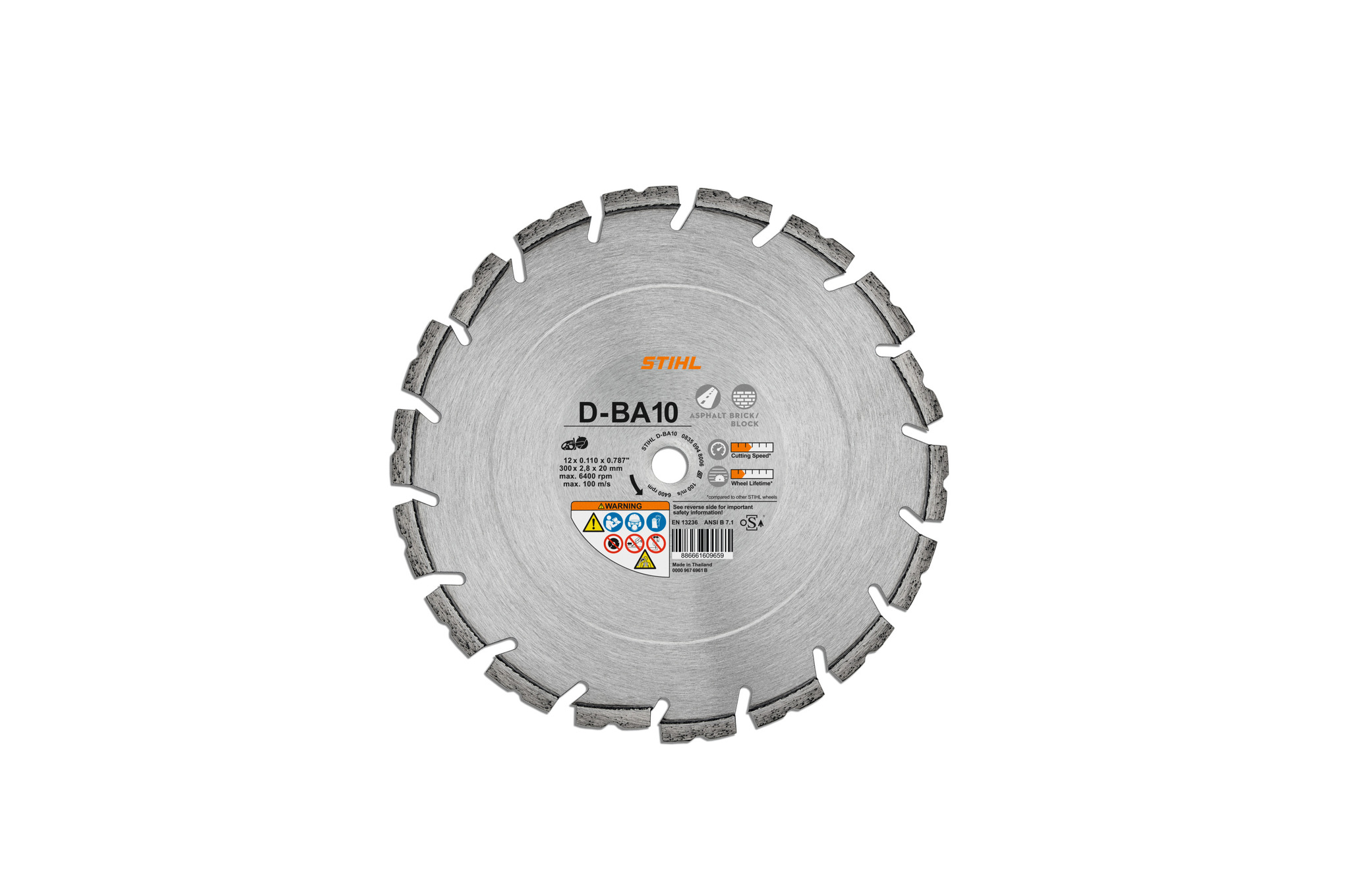 D-BA10 diamond cutting wheel, 12" diameter: For asphalt, fresh concrete, concrete, sandstone and brick