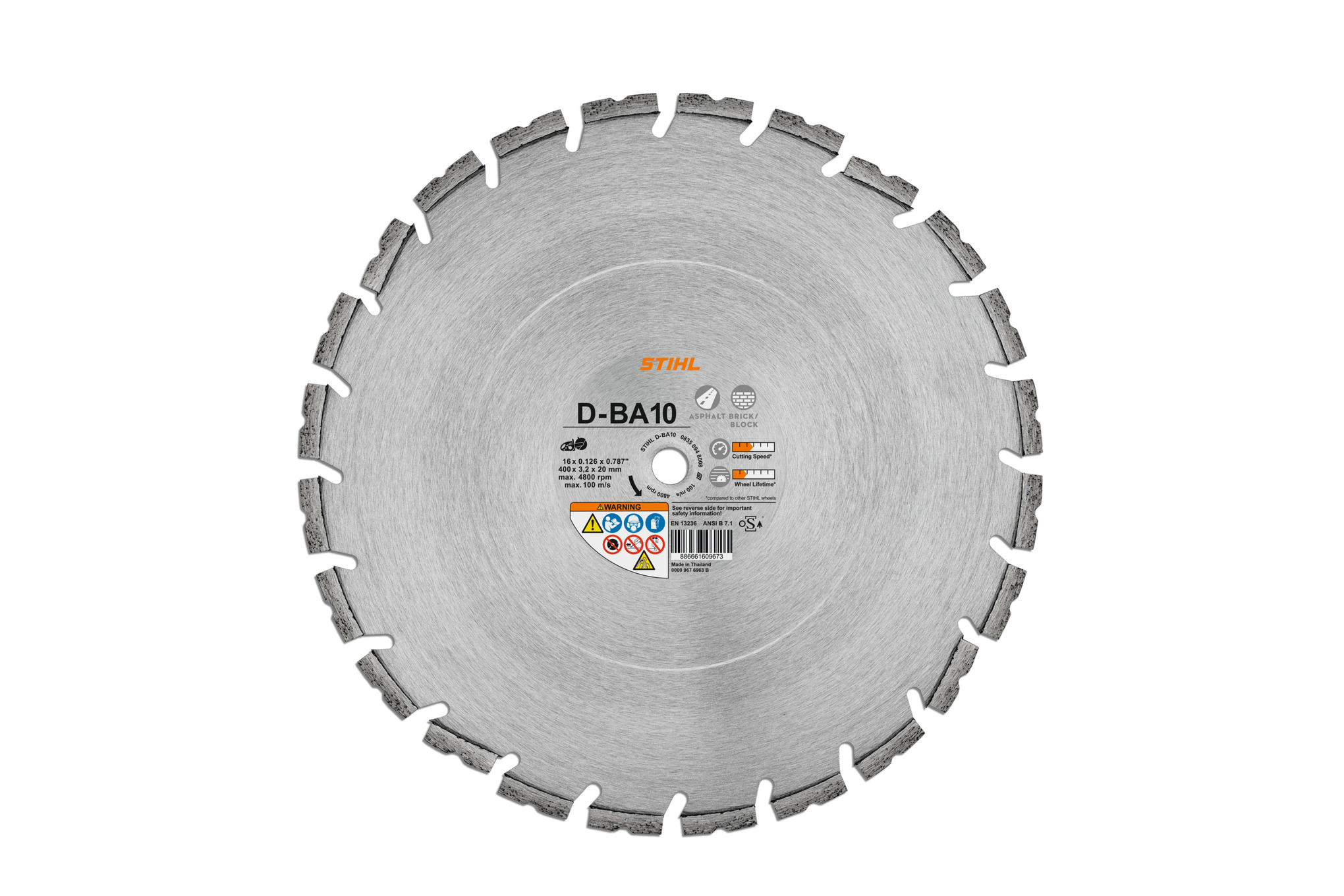 D-BA10 diamond cutting wheel, 16" diameter: For asphalt, fresh concrete, concrete, sandstone and brick