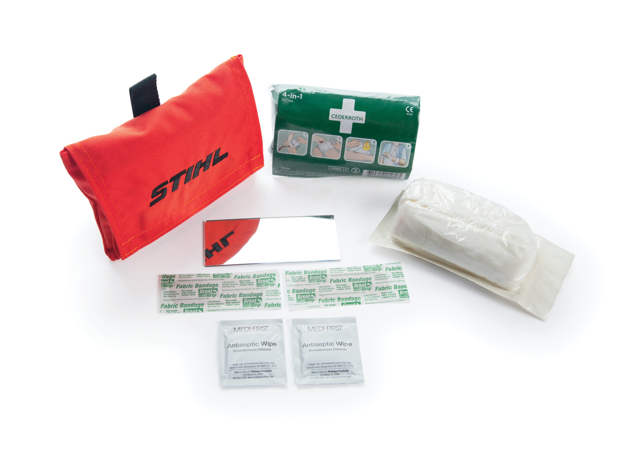 A convenient kit for applying immediate and temporary first aid.