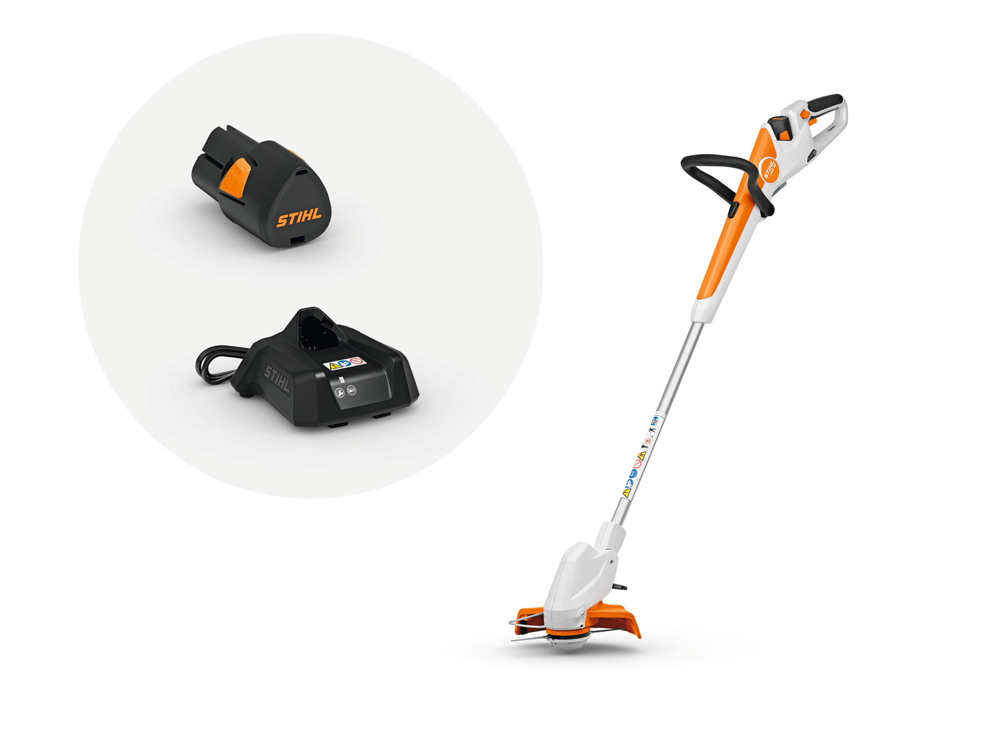 The first 2-in-1 trimmer and edger in the AS Battery System features a telescoping shaft and adjustable mowing head for ergonomic positioning.