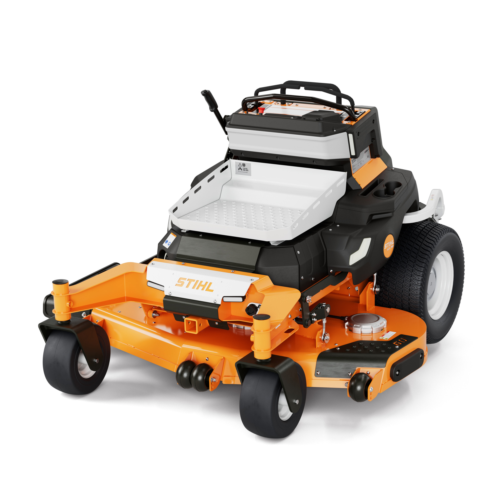 Stand-on zero-turn mower with all-day run times and up to 21 acres on a single charge.