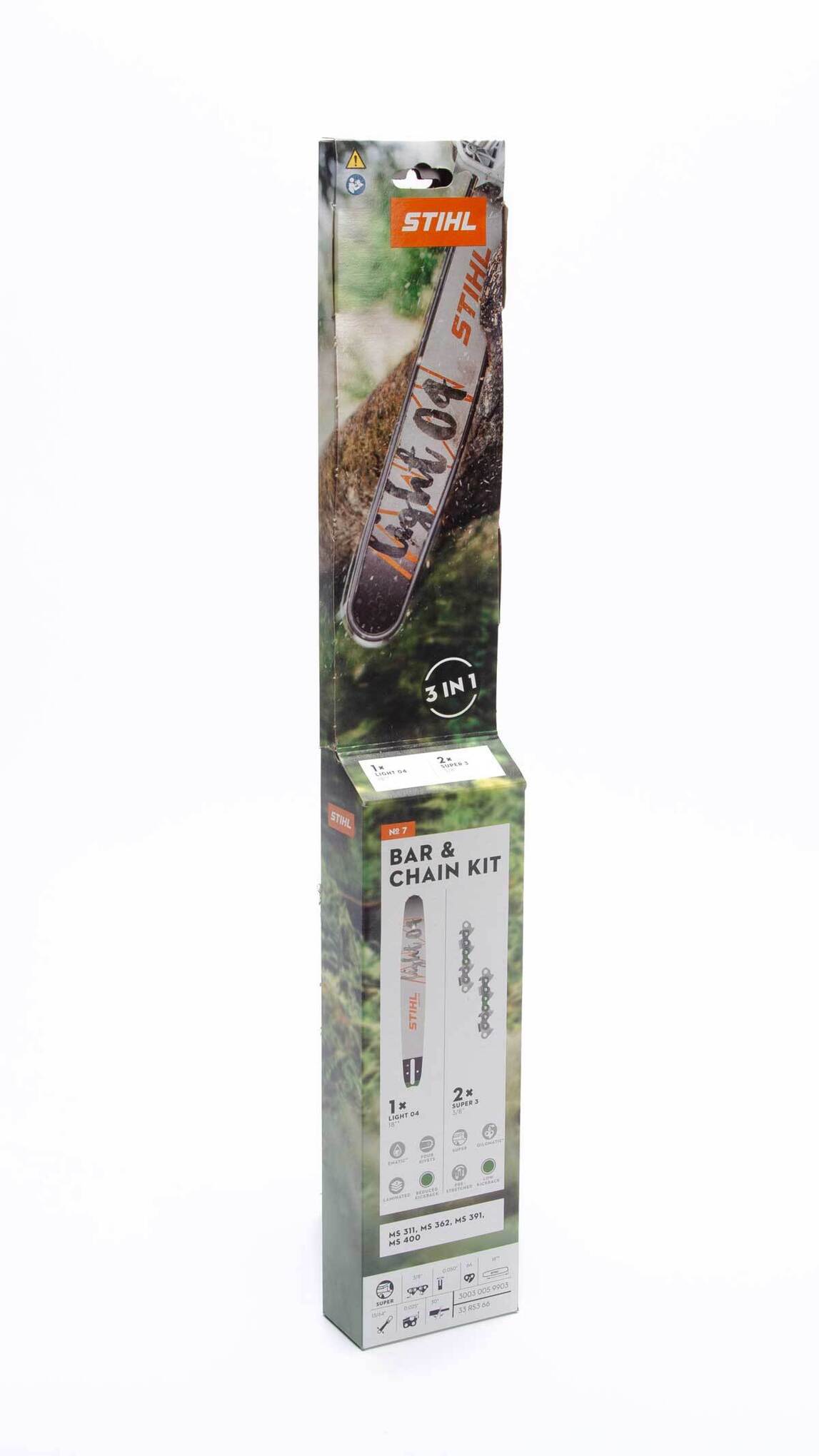 Fits MS 311, MS 362, MS 391 and MS 400. Includes (1) 18" Guide Bar & (2) Loops of 18" Saw Chain (33 RS3 66).