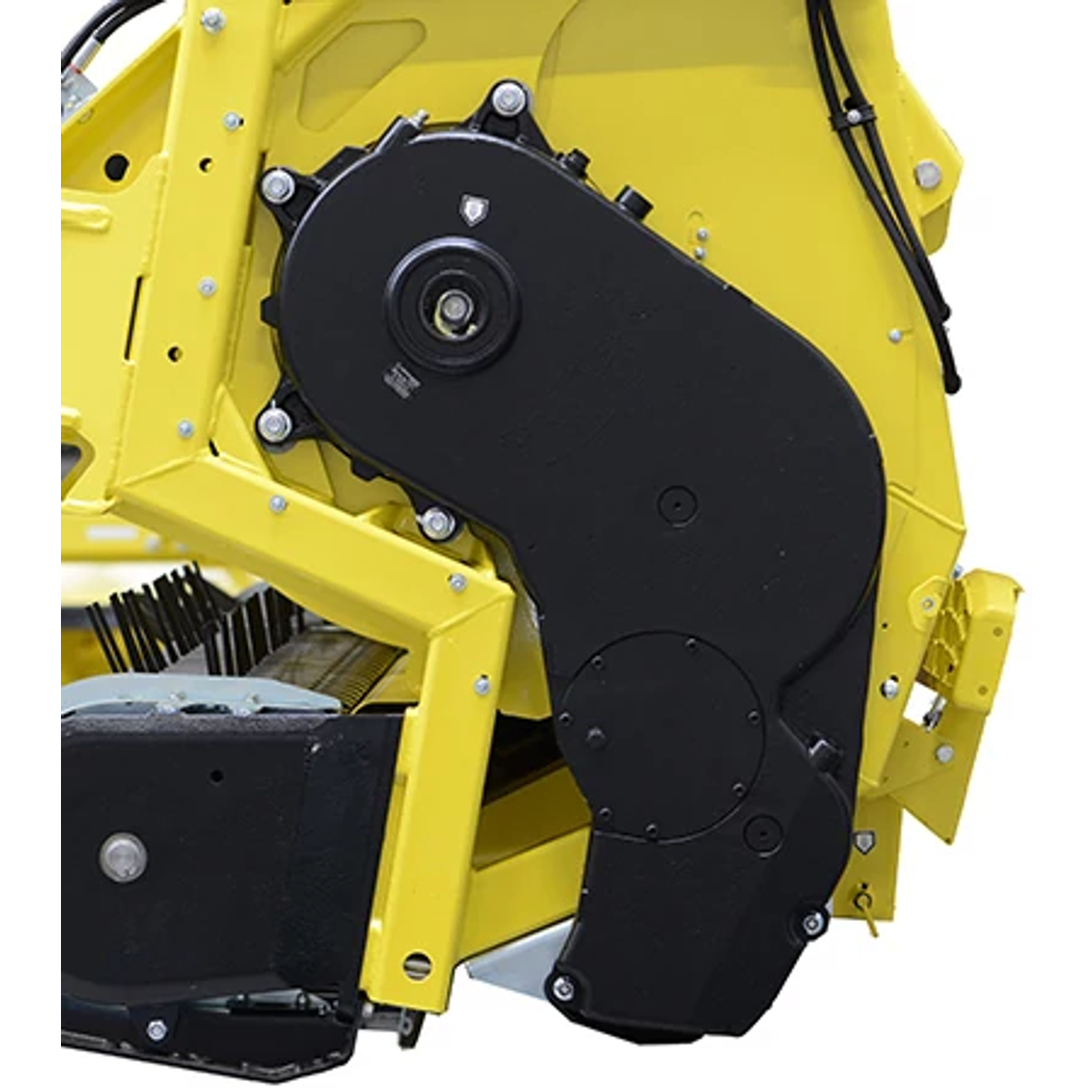 Side studio view of a 46R hay pick up's black and yellow chainless drive system