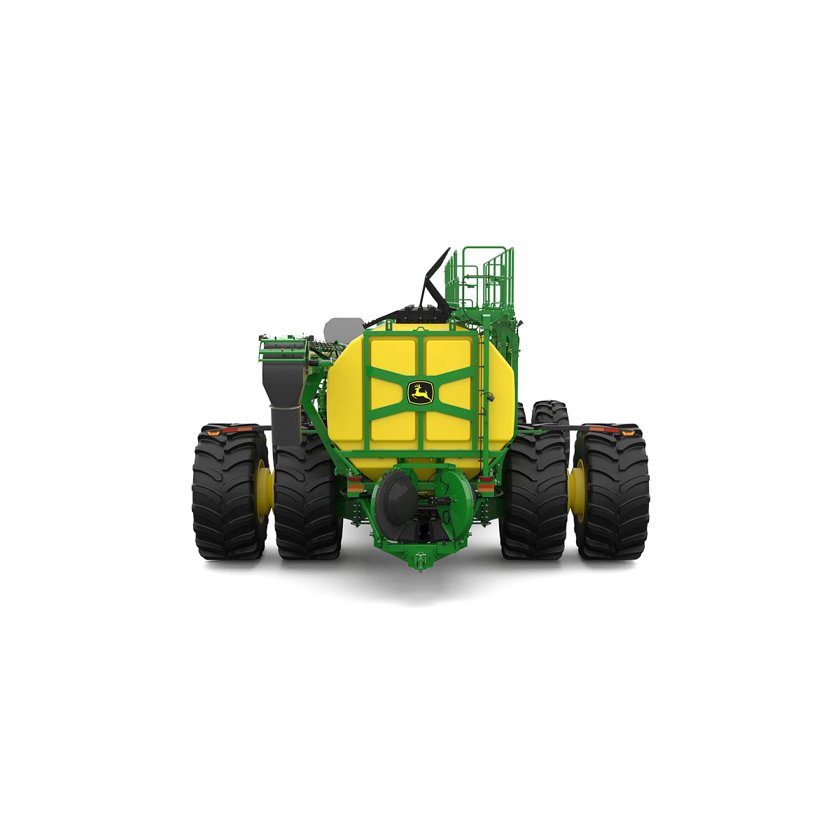 Rear-facing studio rendering of C1450T green trailing air cart with yellow tanks on a white background
