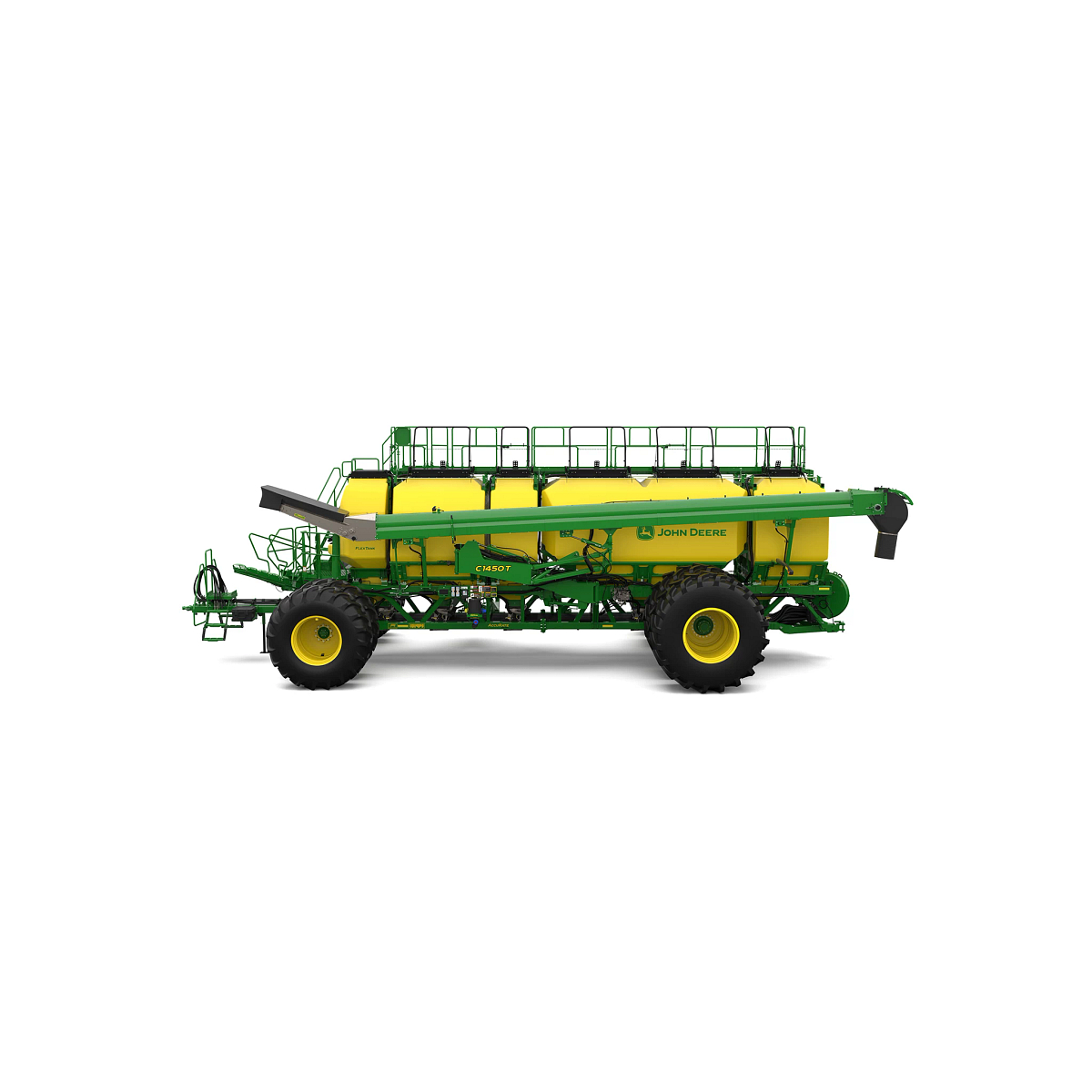Left-facing studio rendering of C1450T green trailing air cart with yellow tanks on a white background
