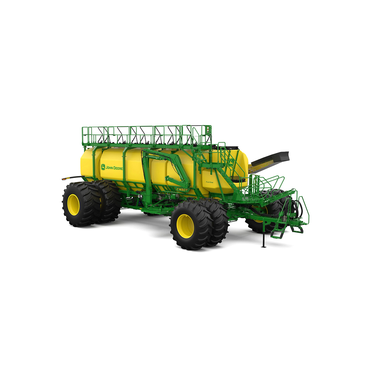 Front-right-facing studio rendering of C1450T green trailing air cart with yellow tanks on a white background