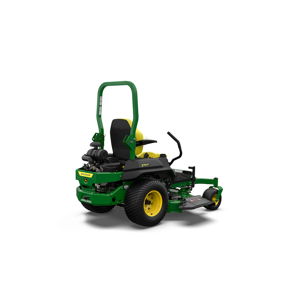 A rear-right-facing studio shot of a green zero-turn mower on a white background.