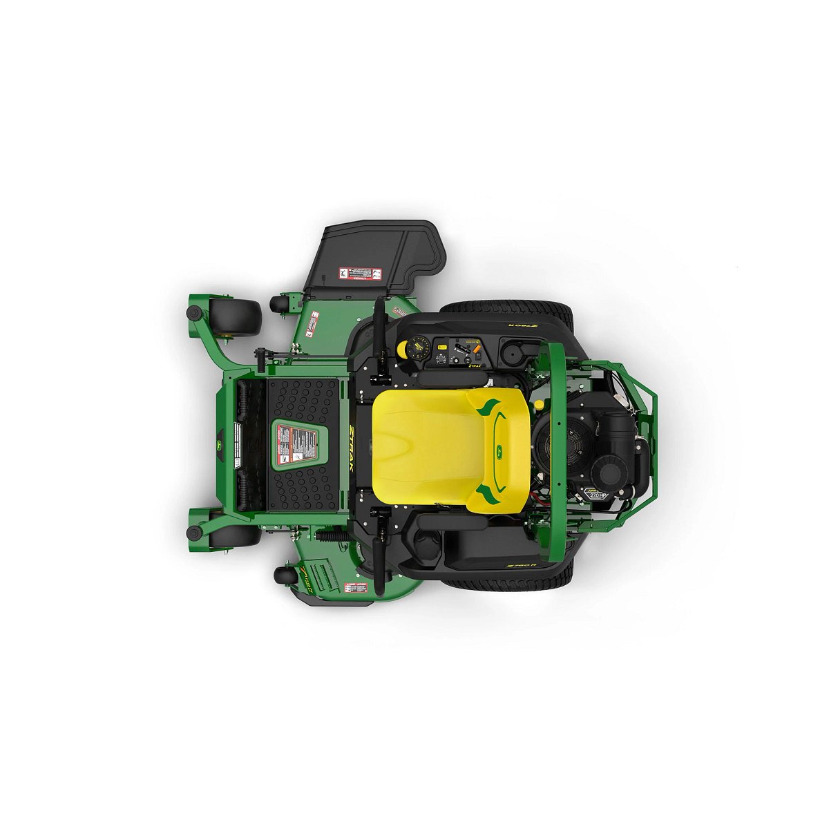 A top-down studio shot of a green zero-turn mower on a white background.