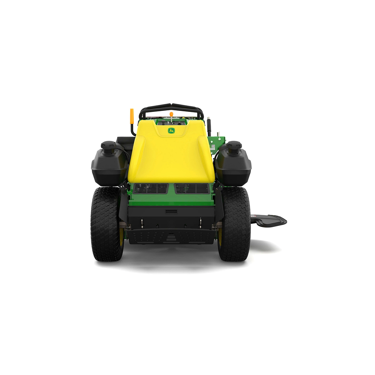 A front-left-facing studio shot of a green stand-on mower on a white background.