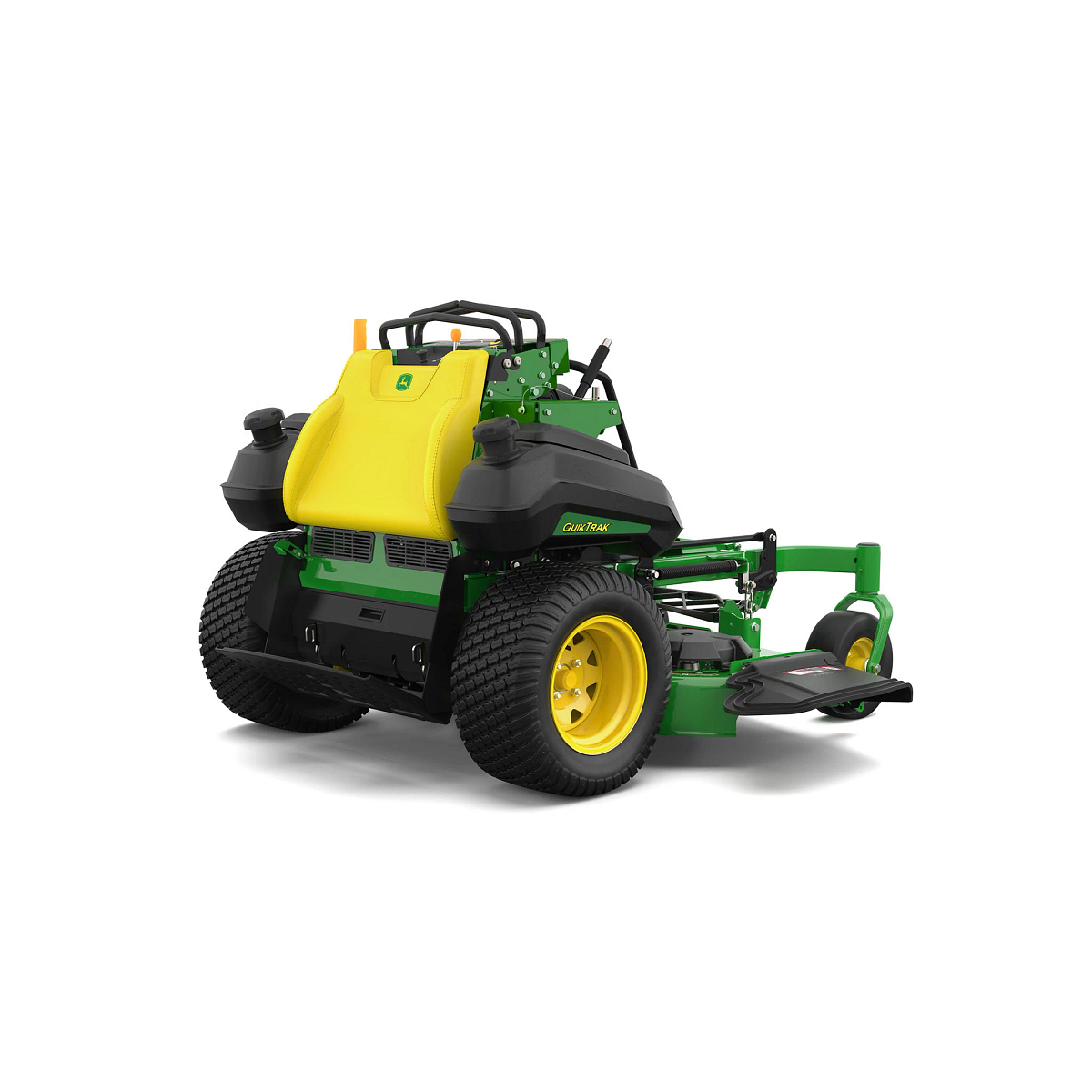A front-left-facing studio shot of a green stand-on mower on a white background.