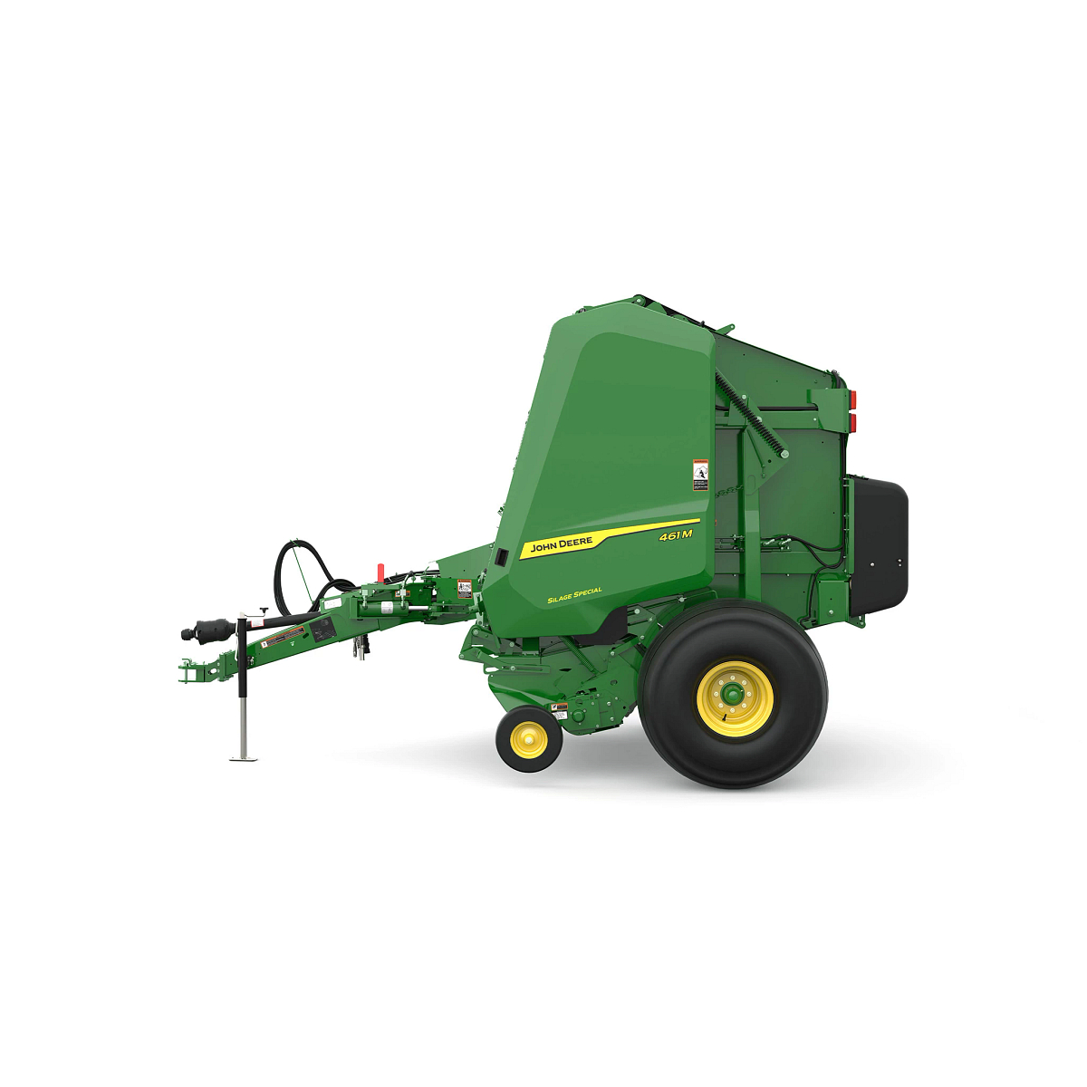 Studio rendering of 461M Silage Special round baler shown in side profile on a white background, featuring a green body, yellow wheels, tow hitch, and large rear tire