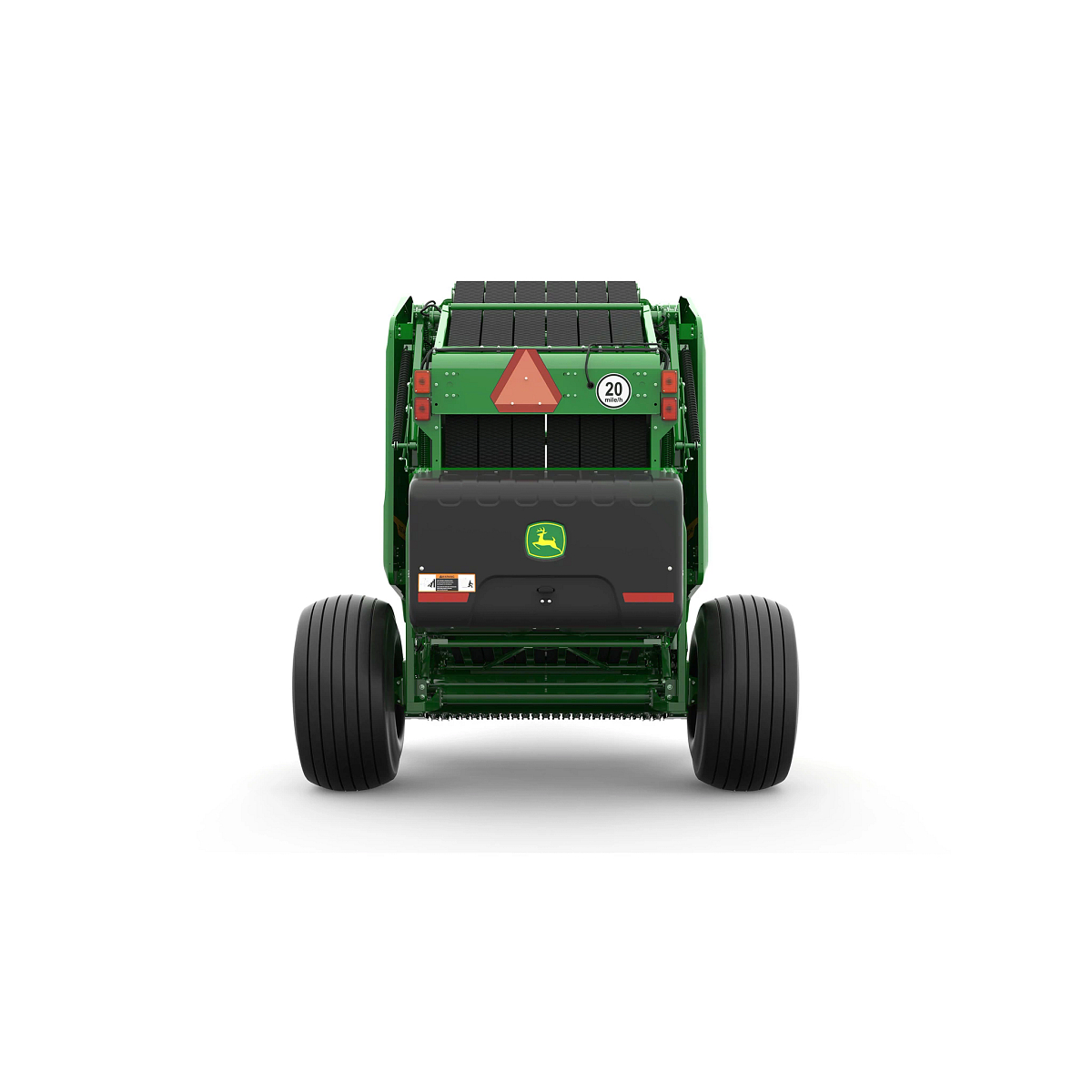 Studio rendering of 461M round baler shown from the rear on a white background, featuring a green body, large black tires, rear compartment with John Deere logo, safety reflector, and warning markings