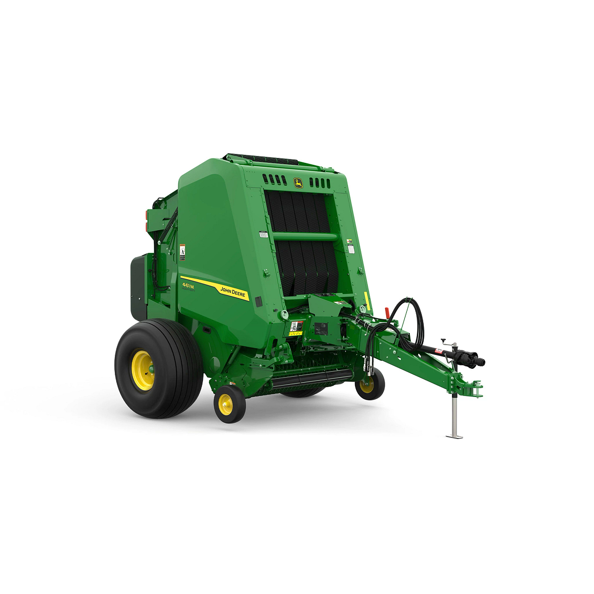 Studio rendering of 461M round baler shown from a front three-quarter angle on a white background, featuring a green body, yellow wheels, front hitch assembly, and visible bale chamber opening