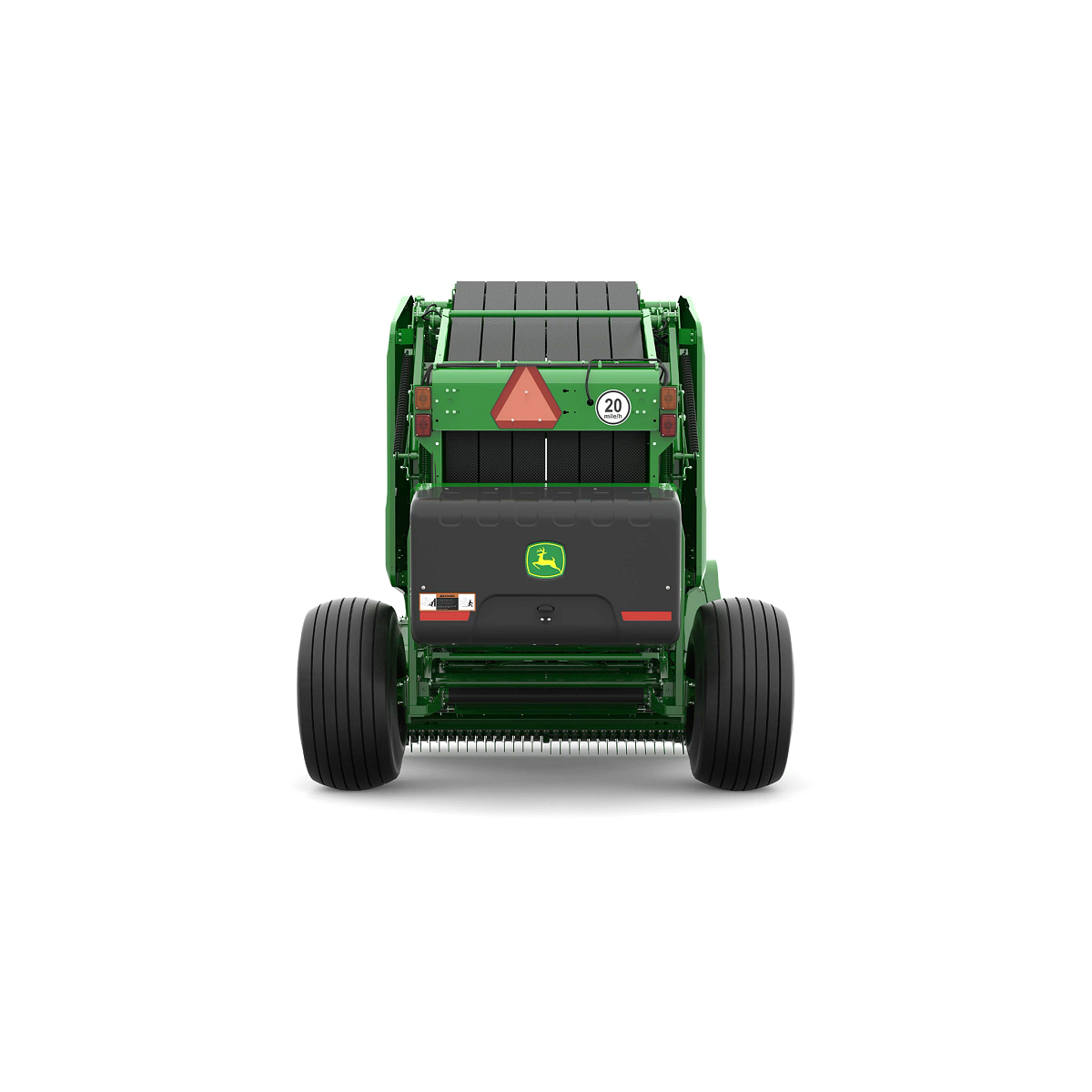 Studio rendering of 461R round baler shown from the rear on a white background, featuring a green body, large black tires, rear compartment with John Deere logo, safety reflector, warning markings, and visible bale chamber belts