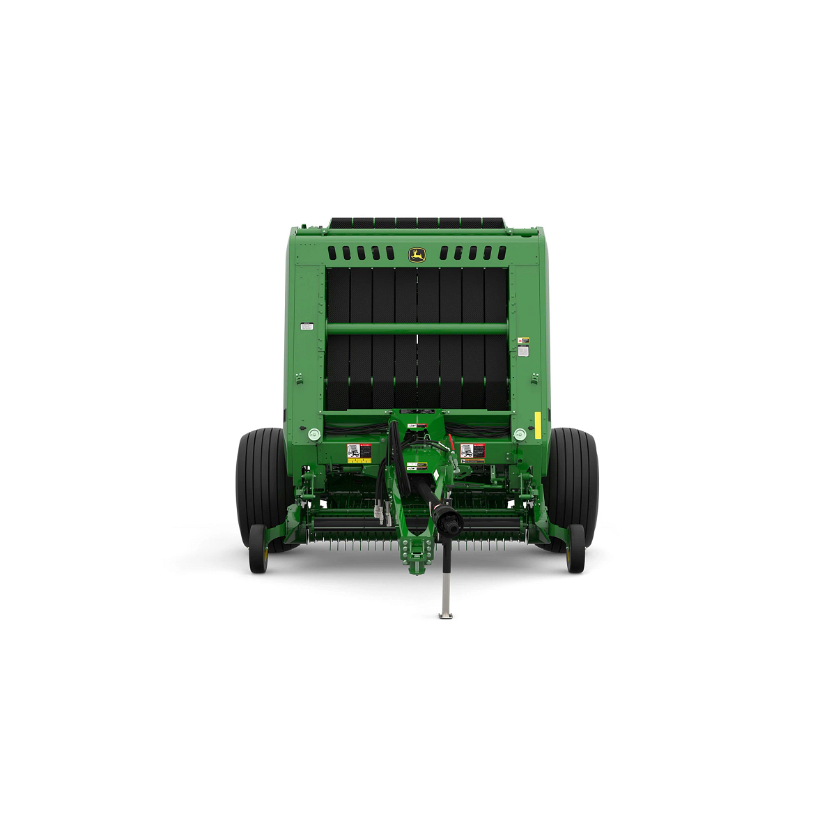 Studio rendering of 561M round baler shown from the front on a white background, featuring a green body, large black tires, open pickup assembly, visible bale chamber belts, PTO driveline, and front tow hitch