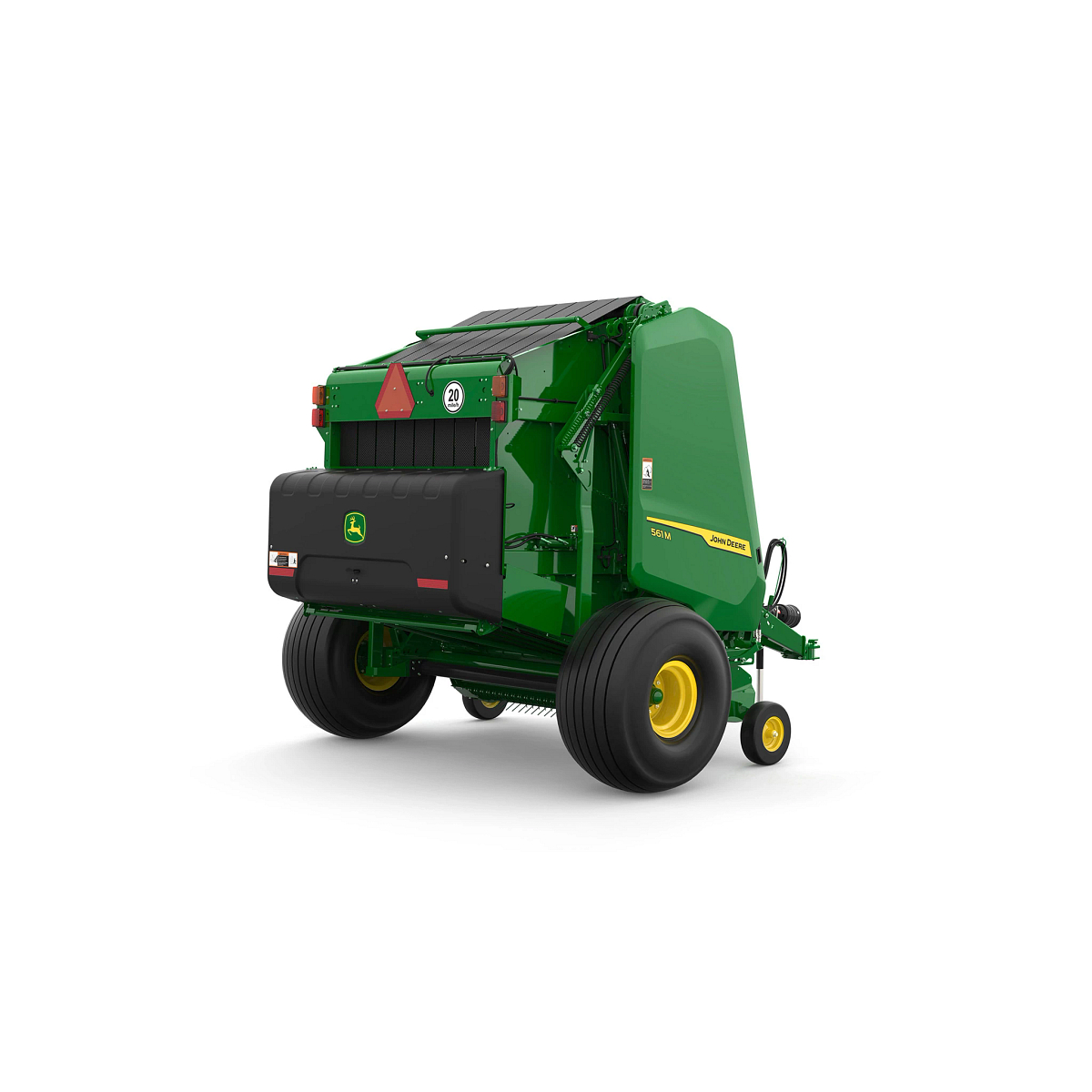 Studio rendering of 561M round baler shown from a rear three-quarter angle on a white background, featuring a green body, yellow wheels, rear compartment with John Deere logo, safety reflector, visible bale chamber belts, and enclosed pickup assembly