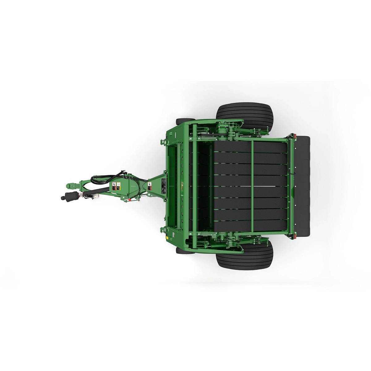 Studio rendering of 561M round baler top-down view on a white background, showing the tow hitch, hydraulic hoses, bale chamber belts, large rear tires, rear storage compartment, and overall machine frame layout