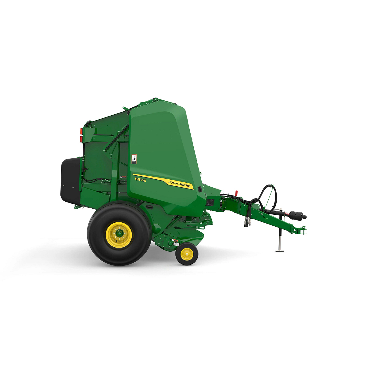 Studio rendering of 561M round baler shown in right-side profile on a white background, featuring a green body, yellow wheels, enclosed pickup assembly, rear bale chamber, hydraulic hoses, and front tow hitch