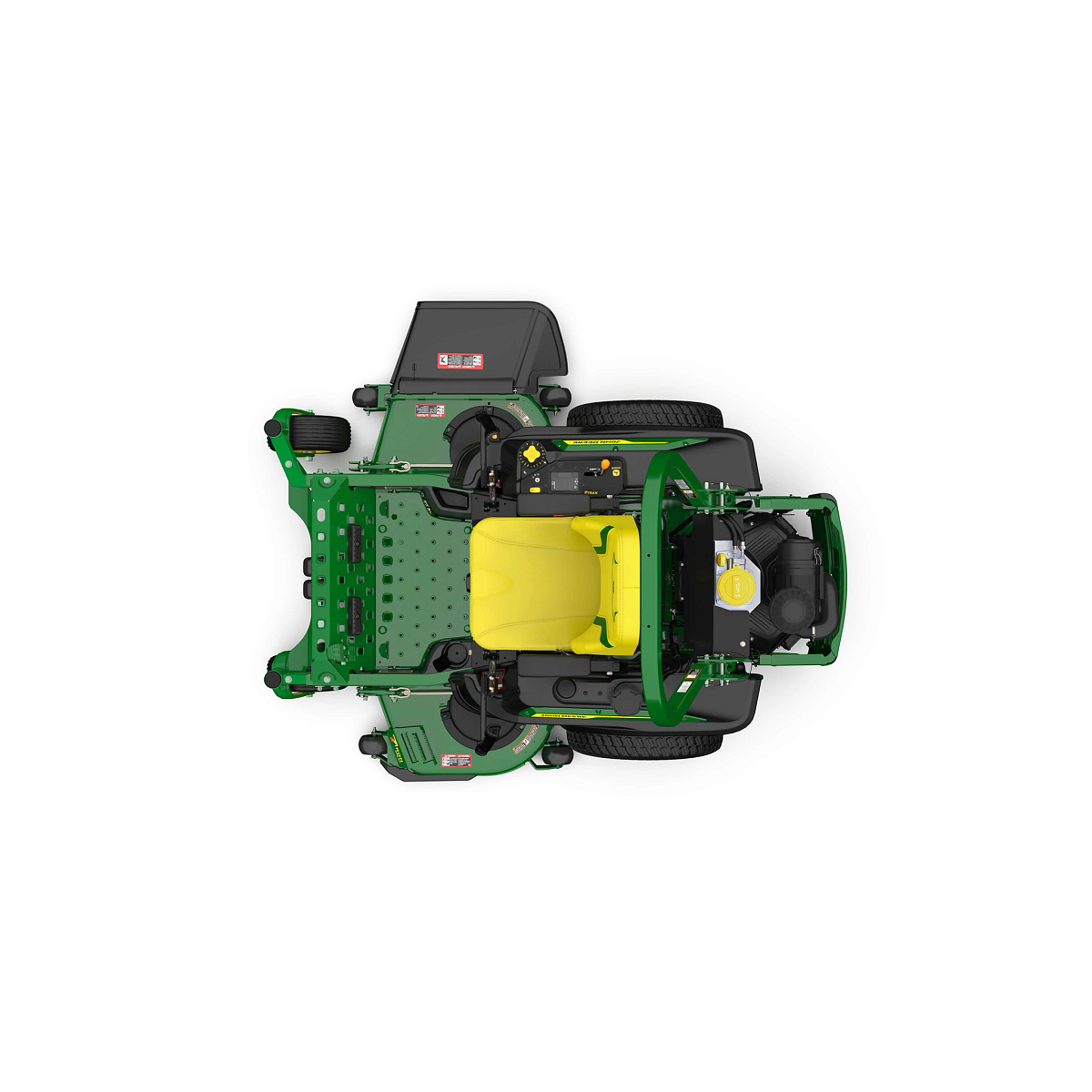 A top-down-facing studio shot of a green zero-turn mower with a yellow seat on a white background.